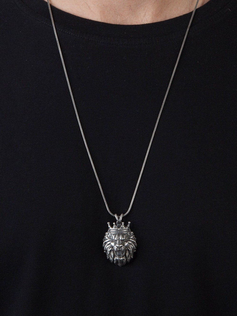 Solid Silver African Lion Necklaces, King Crowned Lion Man Pendant With Chain, Gift For Men, Gift For Fathers, Unique Gift For Father's Day