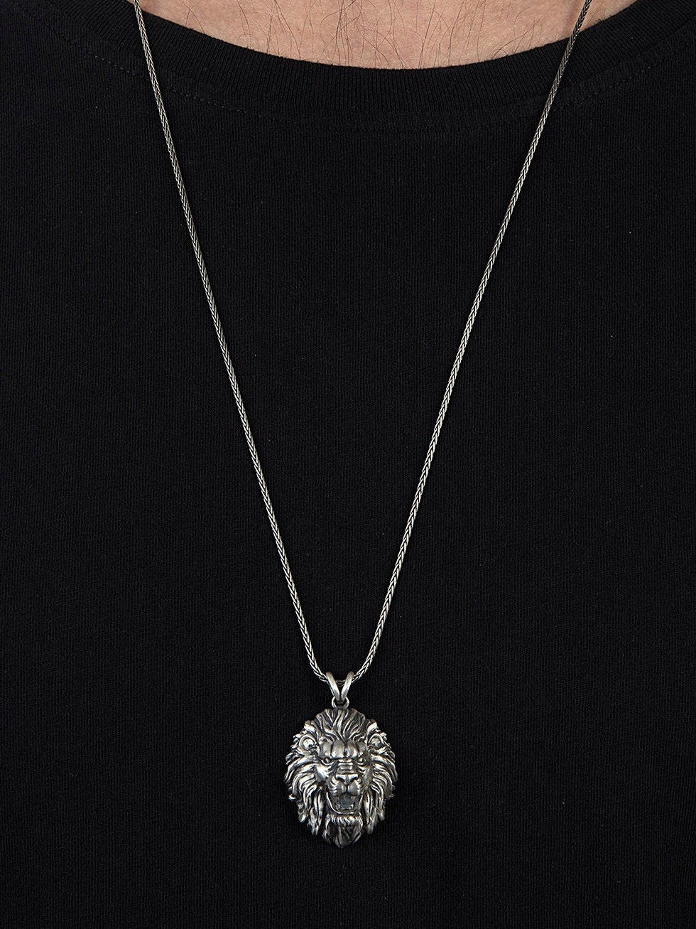 Solid Silver Lion Man Necklaces, Animal Pendants, Oxidized Unique Lion Head Necklace, Jewelry Gift For Men's, Unique Gift For Father's Day