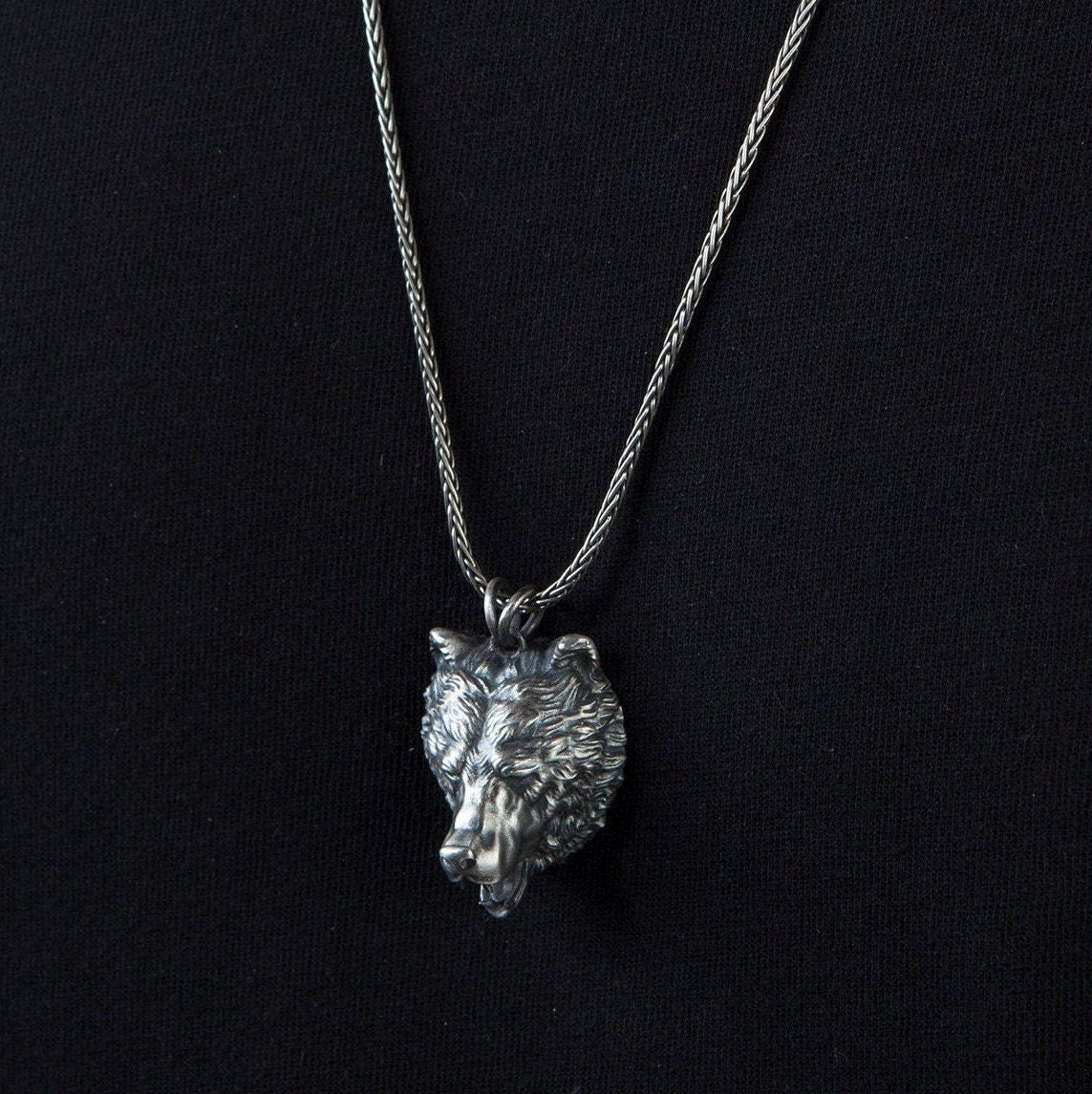 Wild Bear Necklace, Solid Silver Animal Man Necklace, Bear Head Pendant, Gift For Men, Silver Gift For Father, Unique Gift For Father's Day