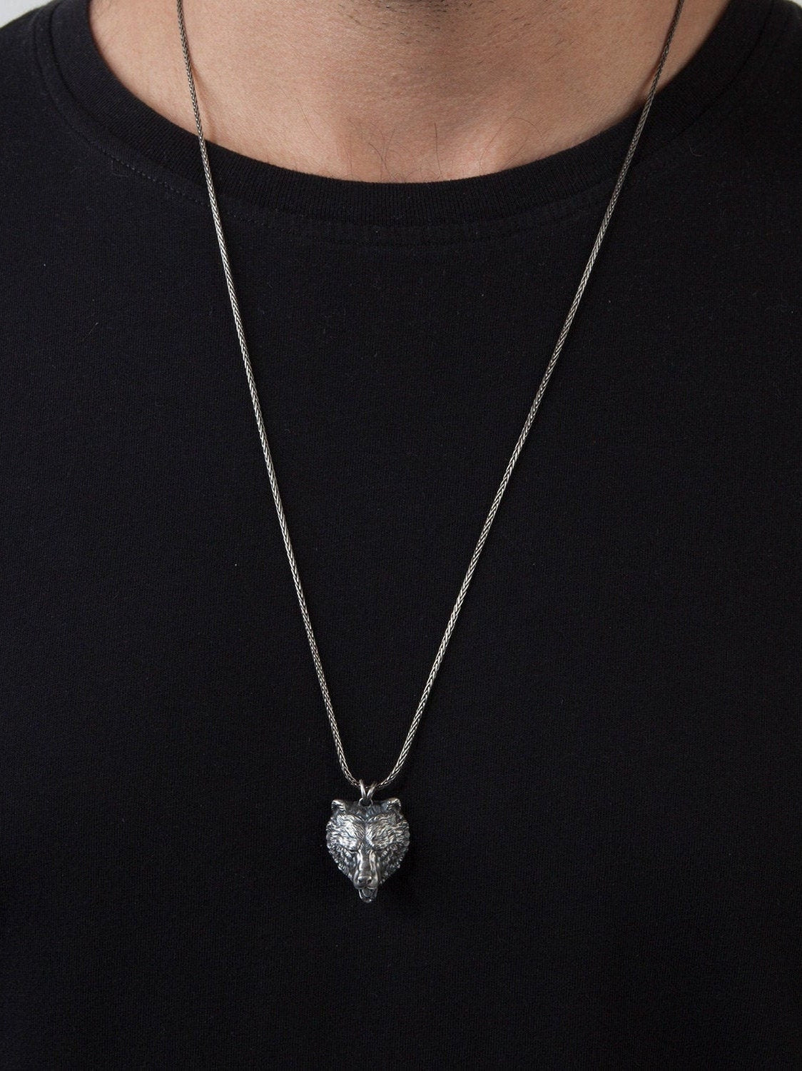 Wild Bear Necklace, Solid Silver Animal Man Necklace, Bear Head Pendant, Gift For Men, Silver Gift For Father, Unique Gift For Father's Day