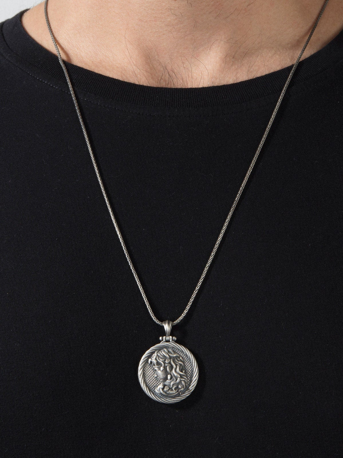 Solid Silver Medusa Necklace, Greek Mythology Man Necklaces, Ancient Medusa Head Medallion, Gift For Fathers, Unique Gift For Father's Day