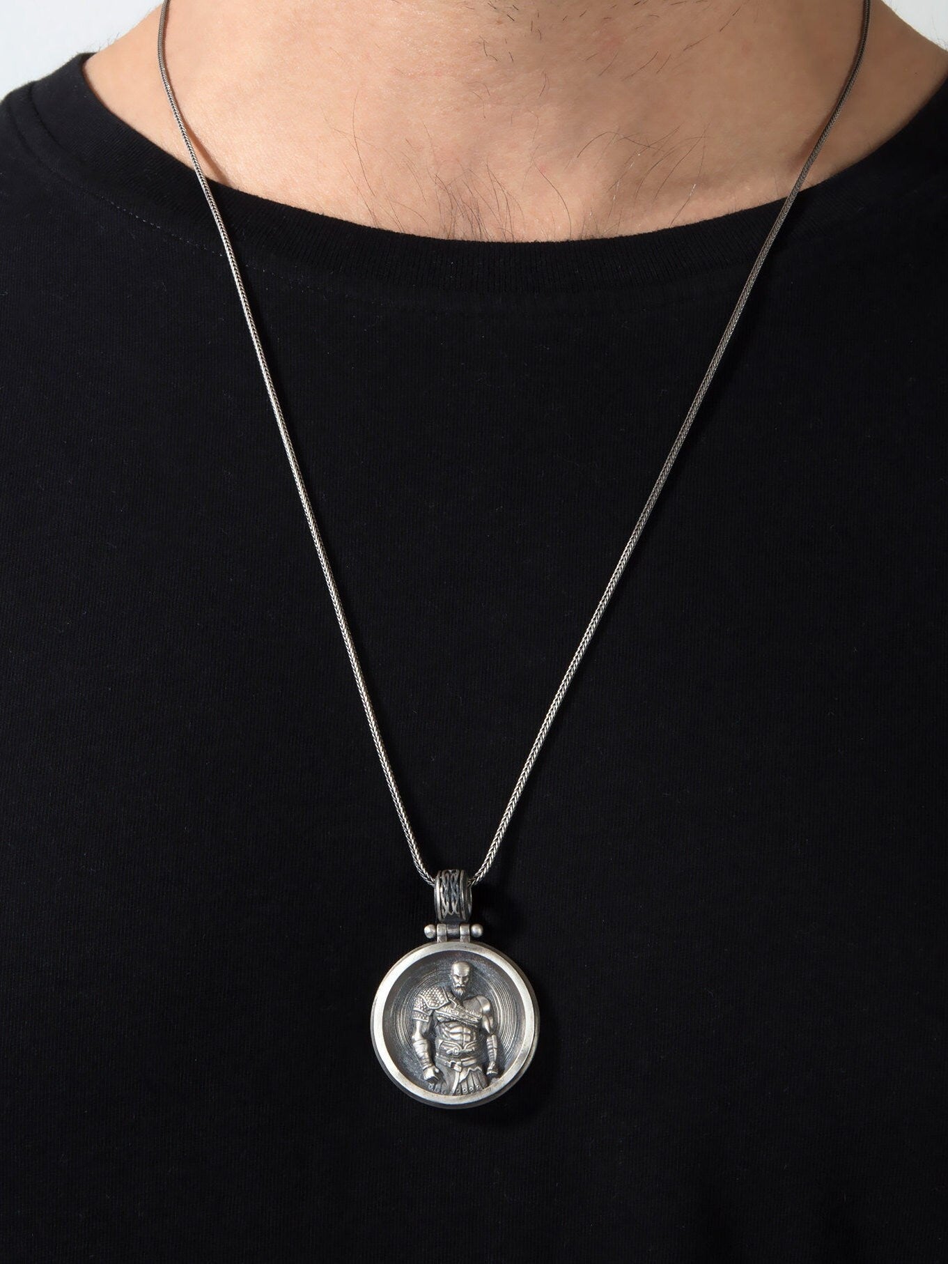 Sterling Silver Viking Men Jewelry, God Of War Kratos Necklace, Scandinavian Warrior Pendant, Gift For Father, Unique Gift For Father's Day
