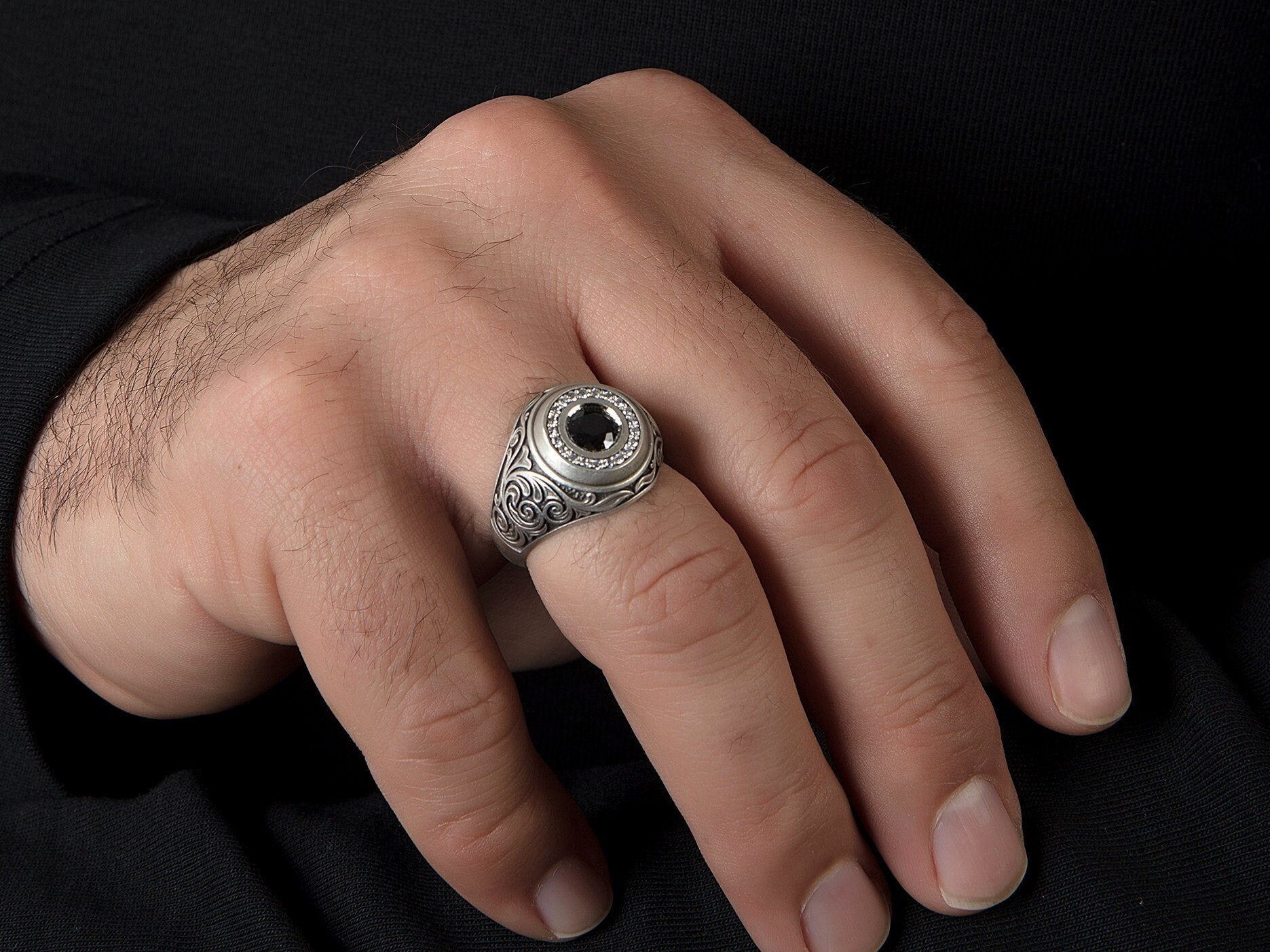 Unique Black Diamond Men Ring, Signet Rings, Diamond Man Ring, Black Diamond Wedding Engagement Rings For Men, Unique Gift For Father's Day