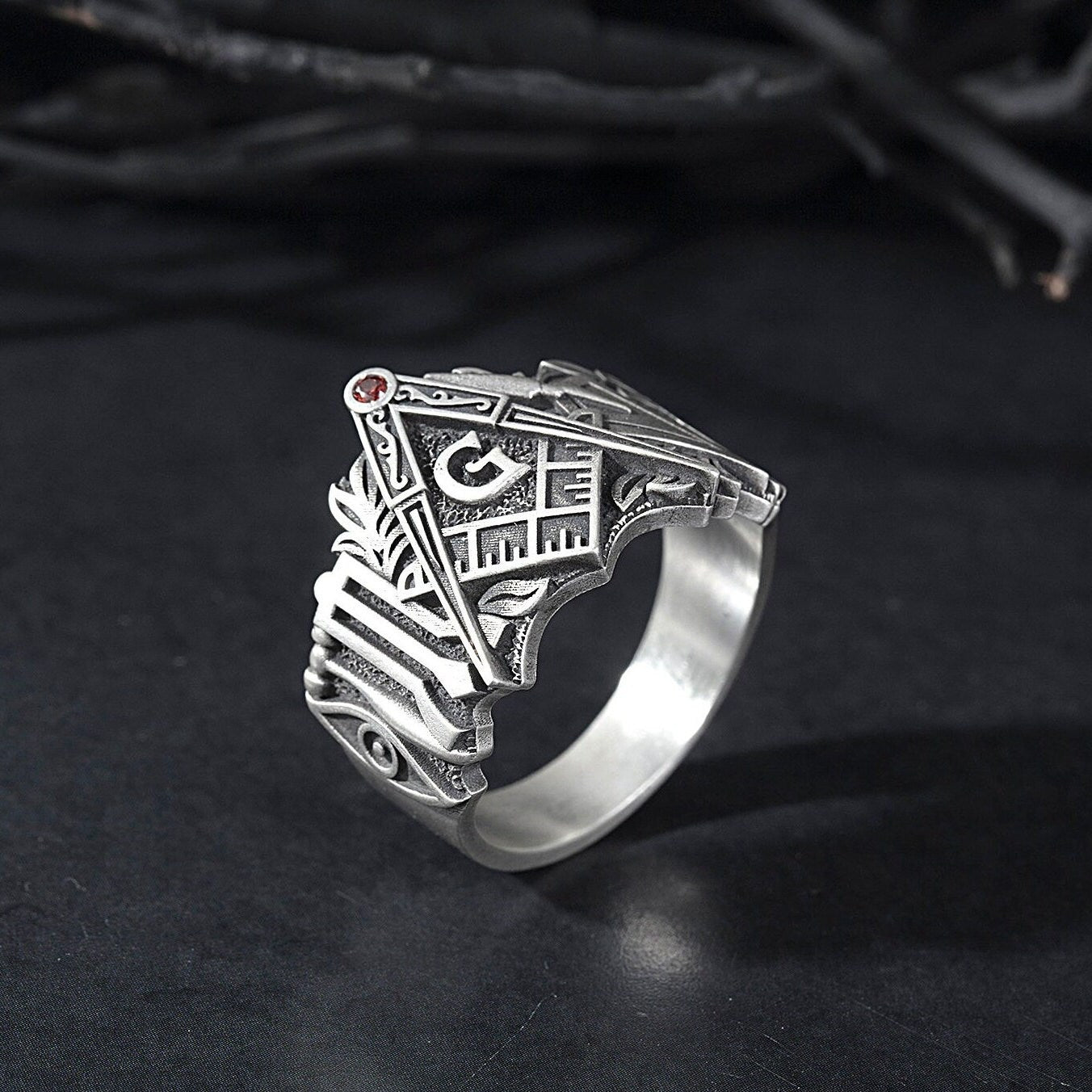 Solid Silver Masonic Compass Ring, Jewelry Gift For Mason, Master Mason Signet Ring, Freemason Statement Ring, Unique Gift For Father's Day
