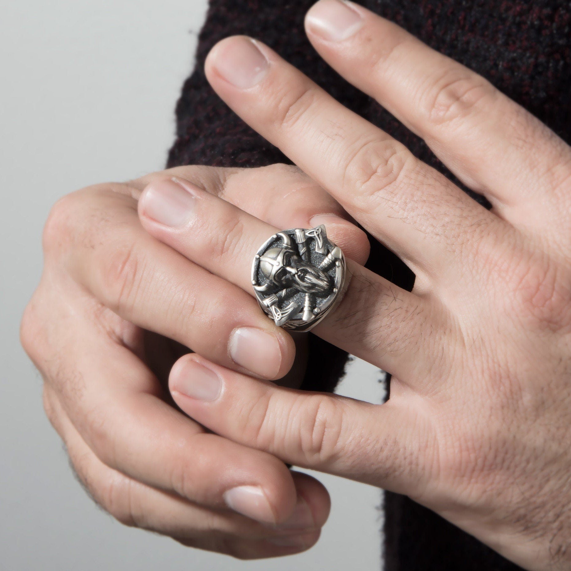 Solid Silver Viking God Odin Ring, Nordic Warrior Jewelry, Gift For Boyfriend, Scandinavian Warrior Men Rings, Unique Gift For Father's Day