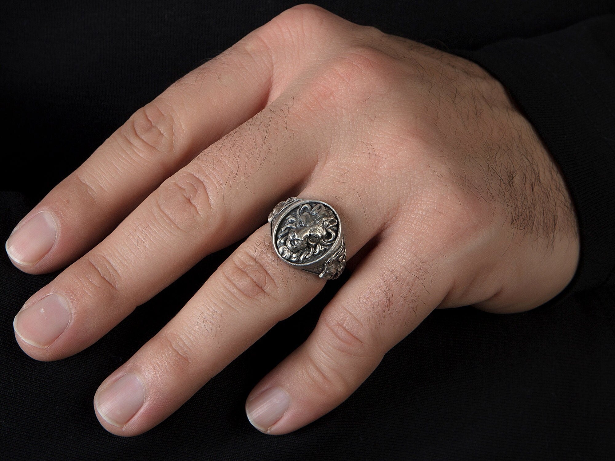 Silver Lion Signet Ring, Men's Signet Ring, Oxidized Lion Head Ring, Silver Gift For Men, Statement Lion Ring, Unique Gift For Father's Day