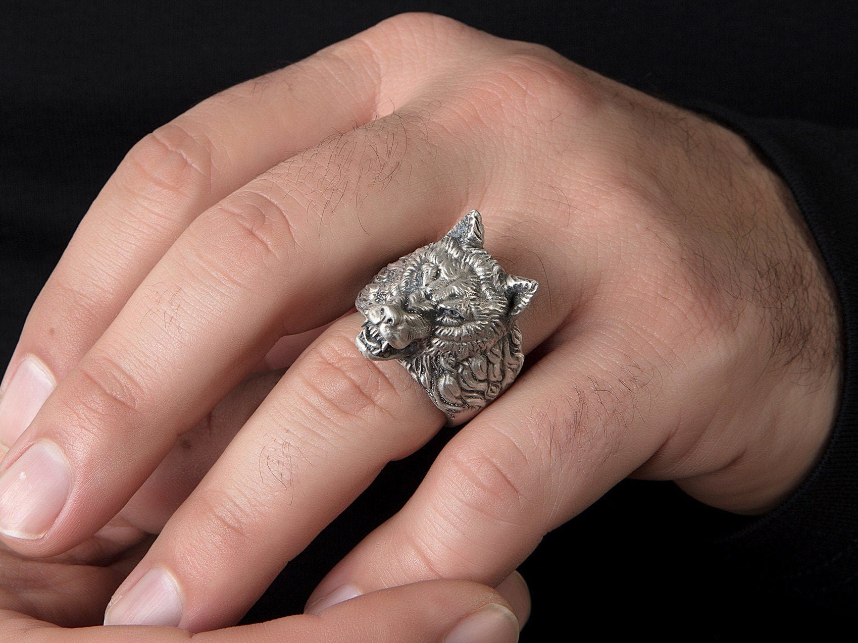 Silver Wolf Rings, Wild Angry Wolf Ring, Statement Men Rings, Oxidized Animal Rings, Wolf Head Statement Ring, Unique Gift For Father's Day