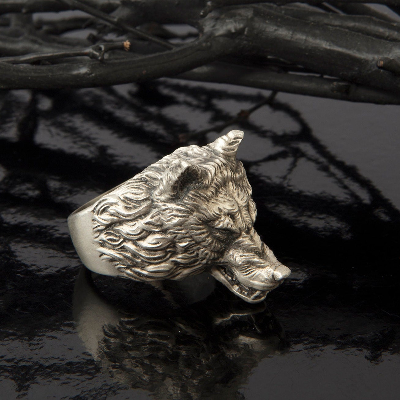 Silver Wolf Rings, Wild Angry Wolf Ring, Statement Men Rings, Oxidized Animal Rings, Wolf Head Statement Ring, Unique Gift For Father's Day
