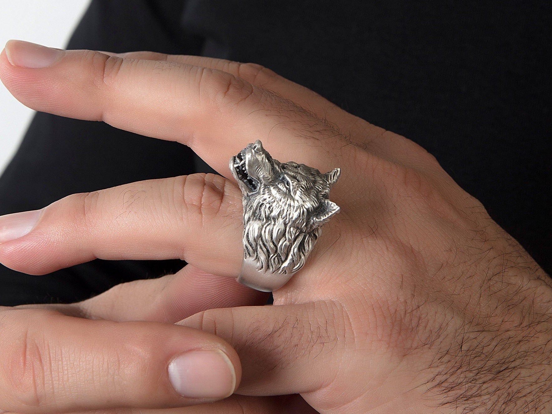 Silver Wolf Rings, Wild Angry Wolf Ring, Statement Men Rings, Oxidized Animal Rings, Wolf Head Statement Ring, Unique Gift For Father's Day