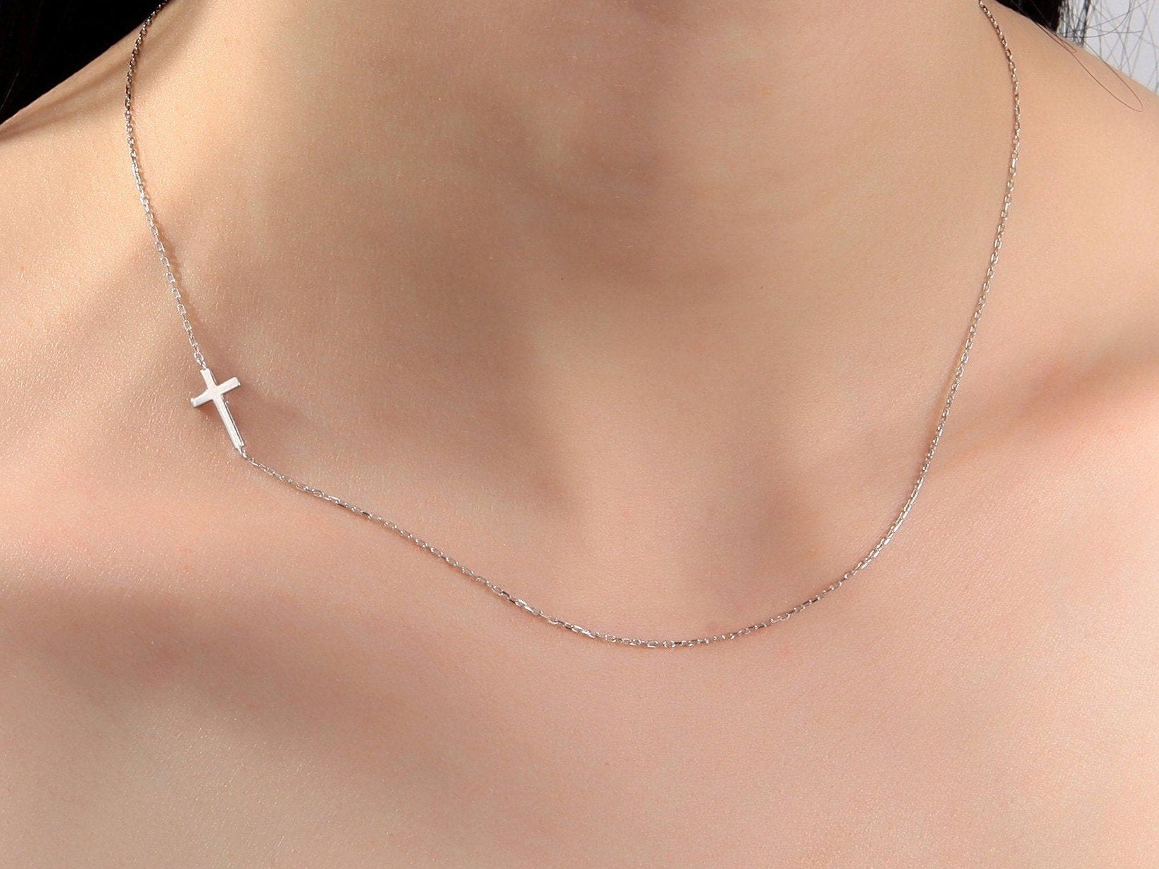 Silver Side Cross Necklace For Women, Birthday Gift For Mothers, 18K Gold Sideways Cross Necklace, Gift For Daughter, Gift For Mothers Day