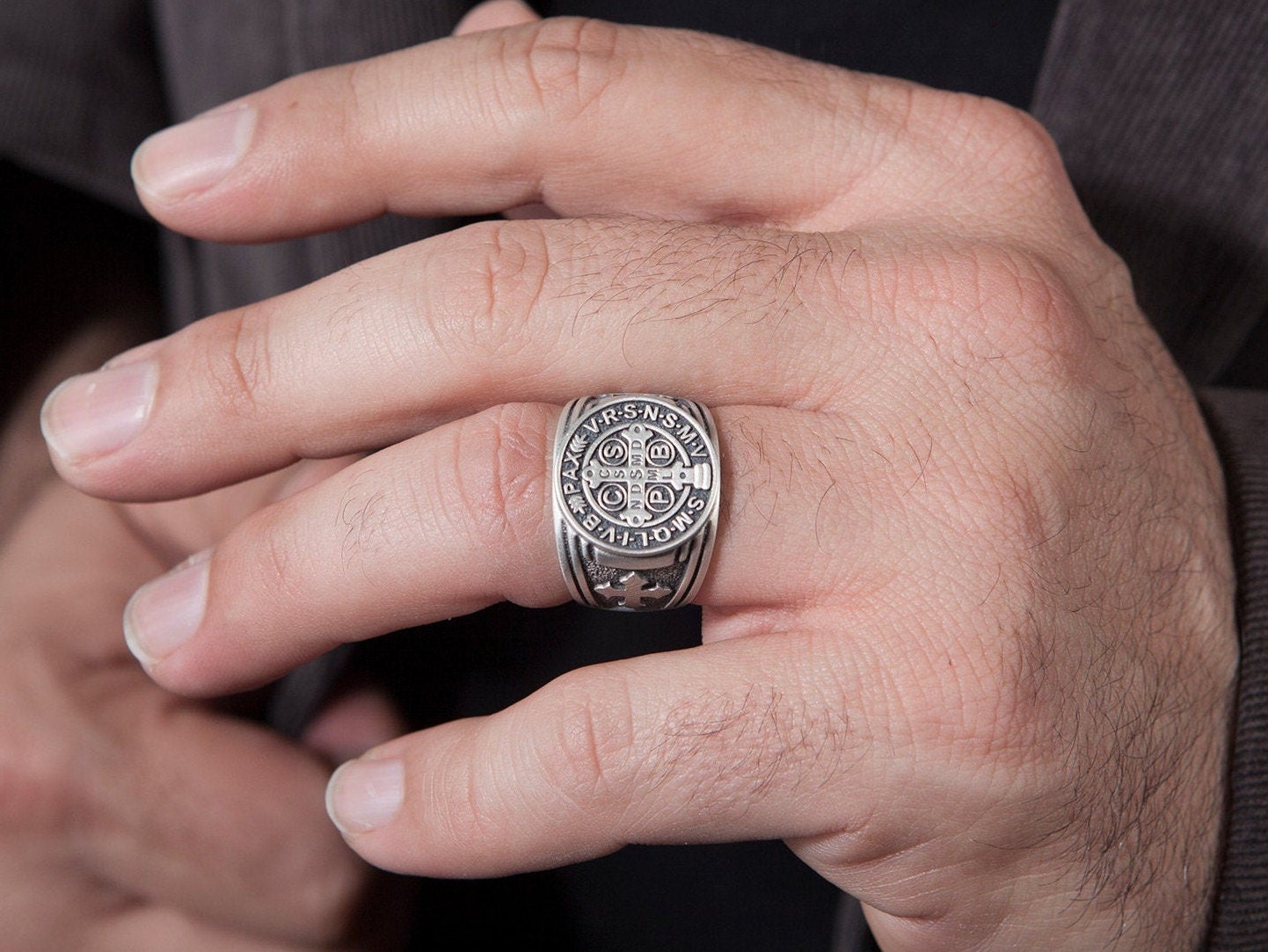 St Benedict Medal Cross Ring, Silver Signet Man Ring, Men's Religious Jewelry, St Benedict Ring, Ring For Men, Unique Gift For Father's Day