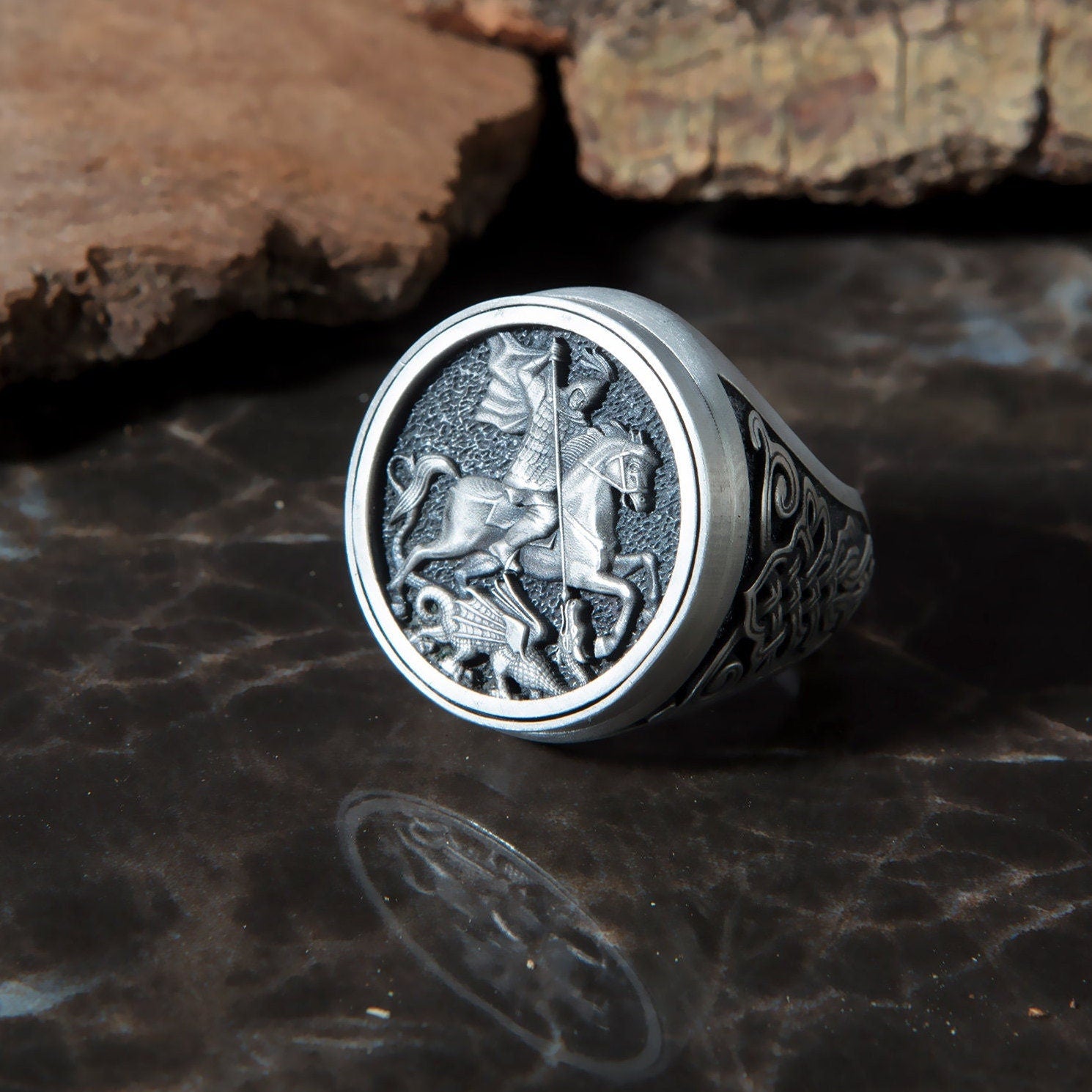 Silver Saint George Ring, St George With The Dragon, Signet Rings For Men, Unique Religious Jewelry For Father, Unique Gift For Father's Day