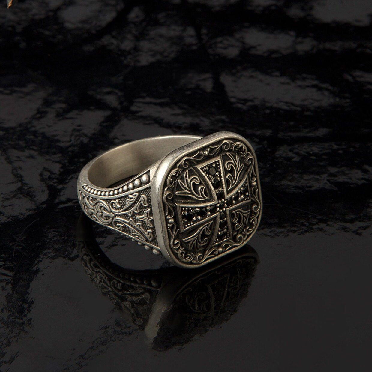 Sterling Silver Cross Ring, Men's Statement Rings, Religious Gifts, Black Diamond Wedding Engagement Man Ring, Unique Gift For Father's Day