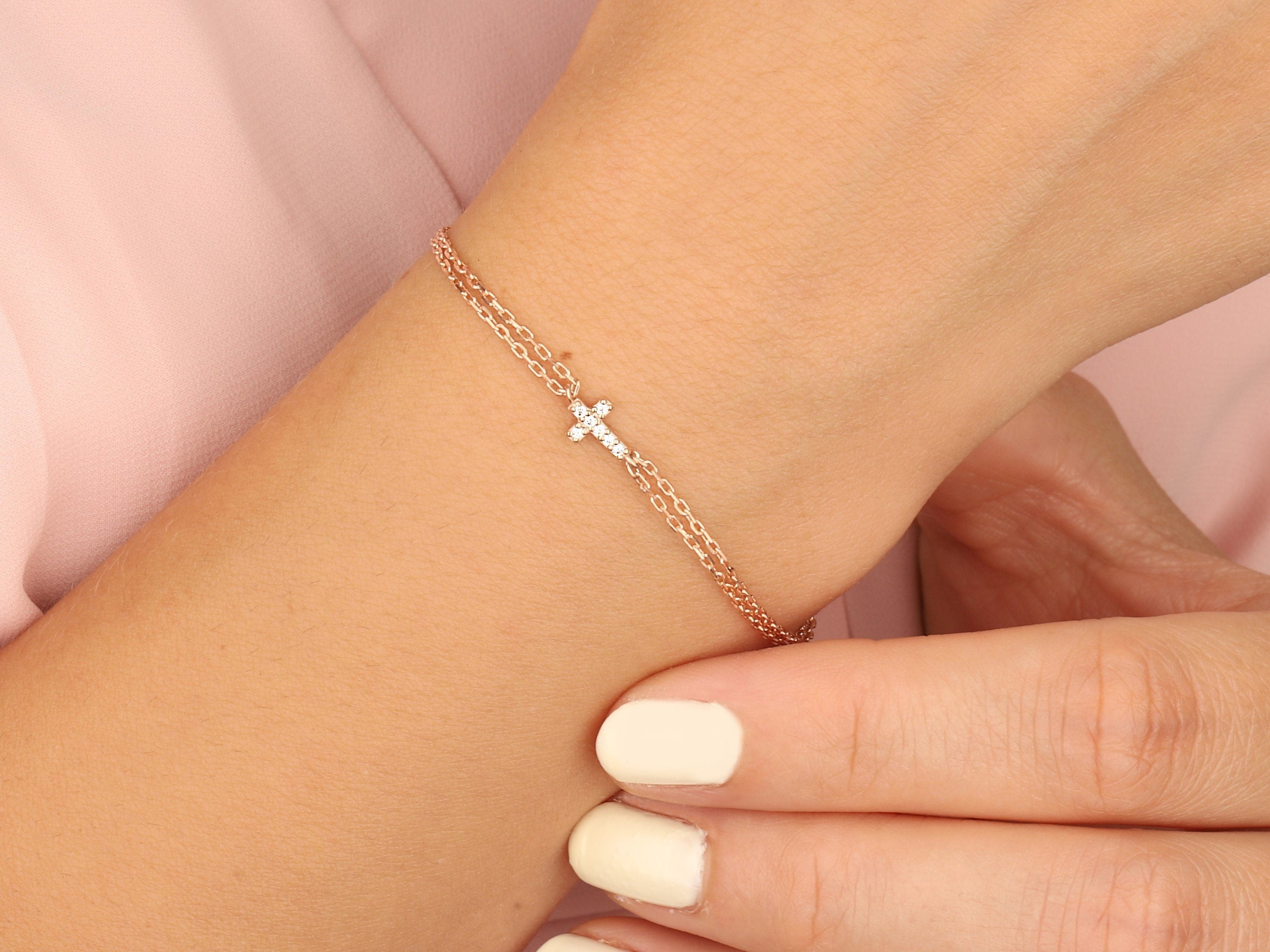 Silver Zircon Diamond Cross Bracelets, Birthday Gifts For Daughter, 14K Gold Cross Bracelet, Graduation Gift For Her, Gift For Mothers Day
