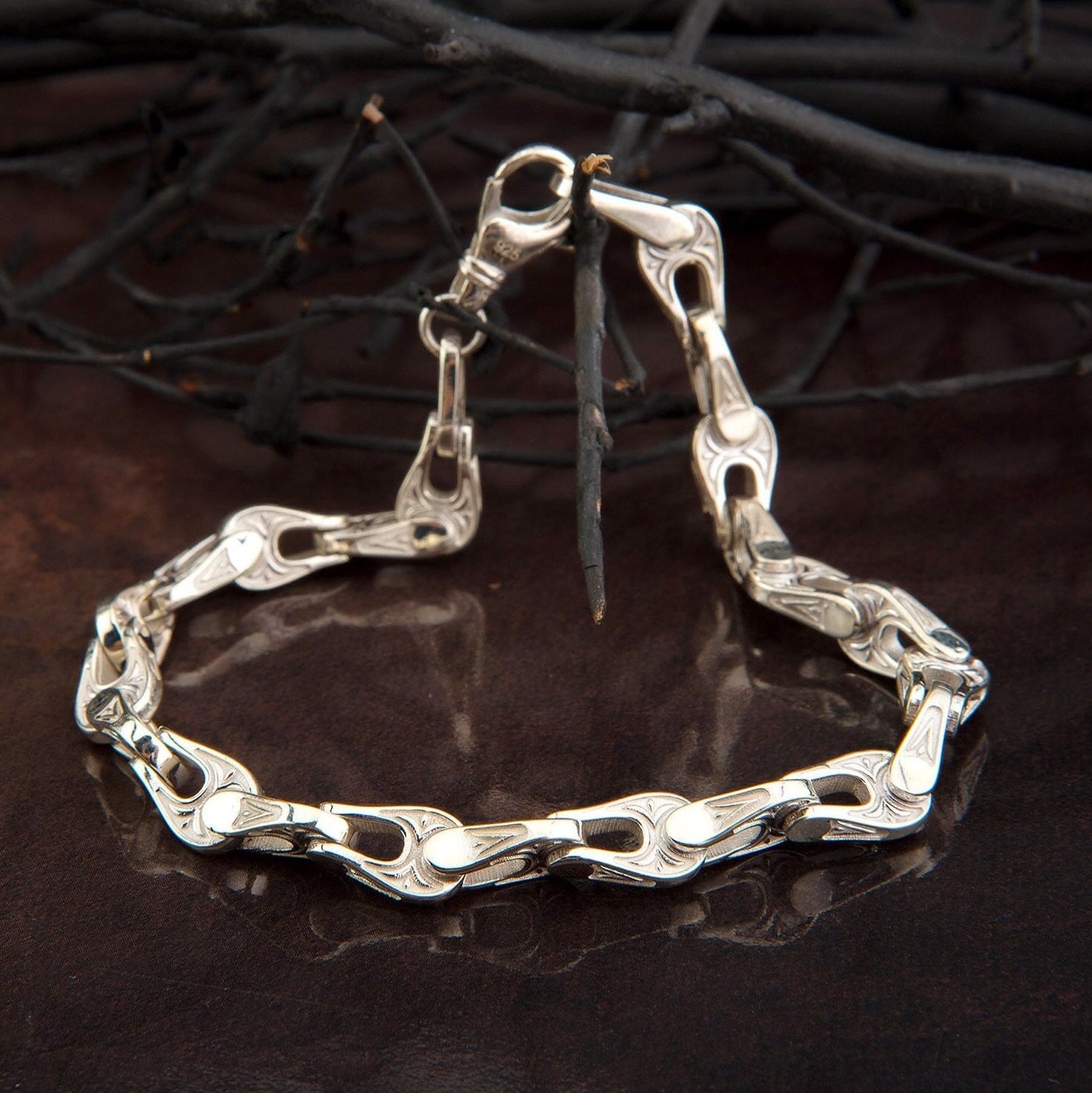 Sterling Silver Chain Bracelet, Mariner Chain Bracelet, Handmade Chain Bracelets For Men, Puffed Silver Chain, Unique Gift For Father's Day