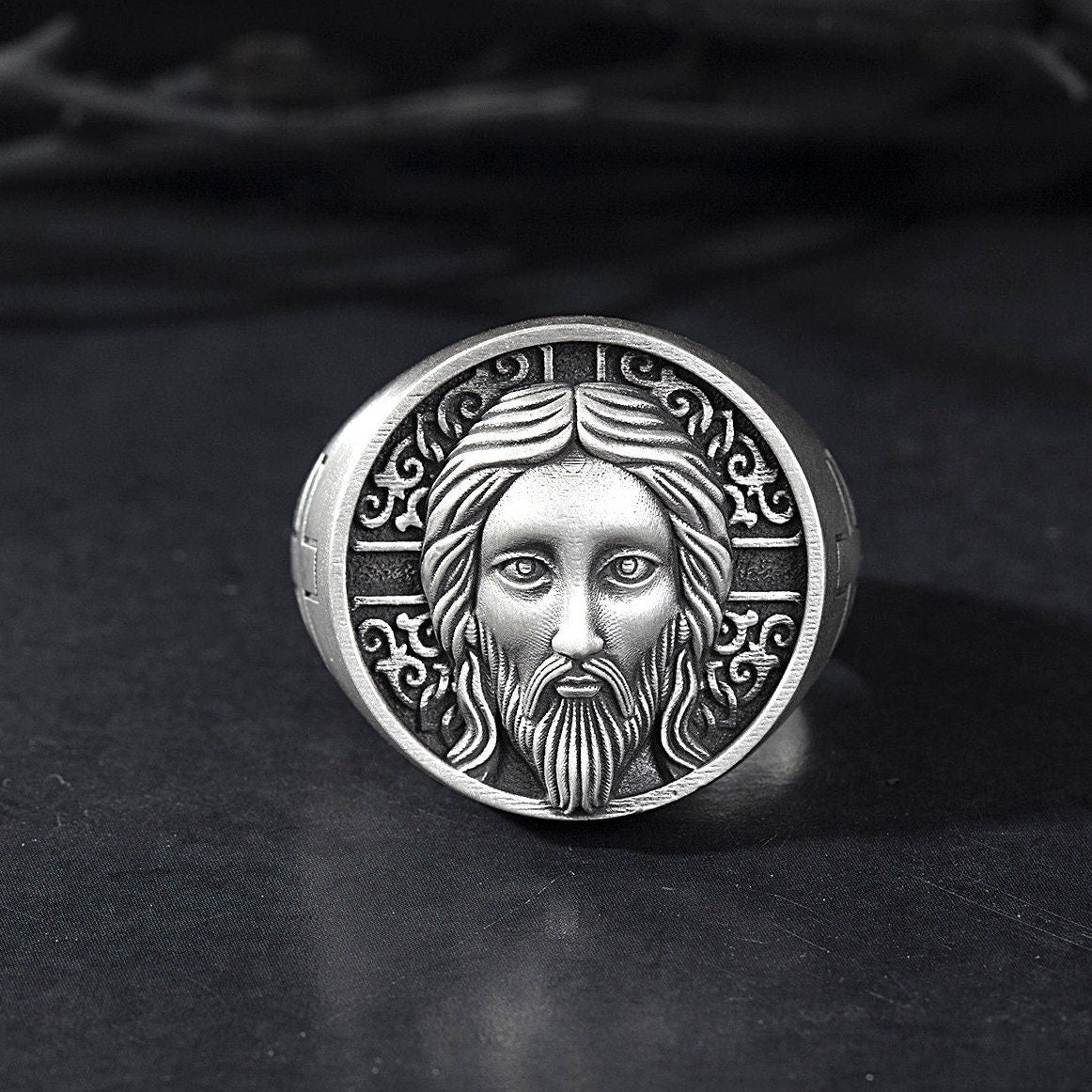 Sterling Silver Cross Ring, Crucifix Jesus Ring, Christ Jesus Face Ring, Men's Religious Rings, Fathers Gifts, Unique Gift For Father's Day