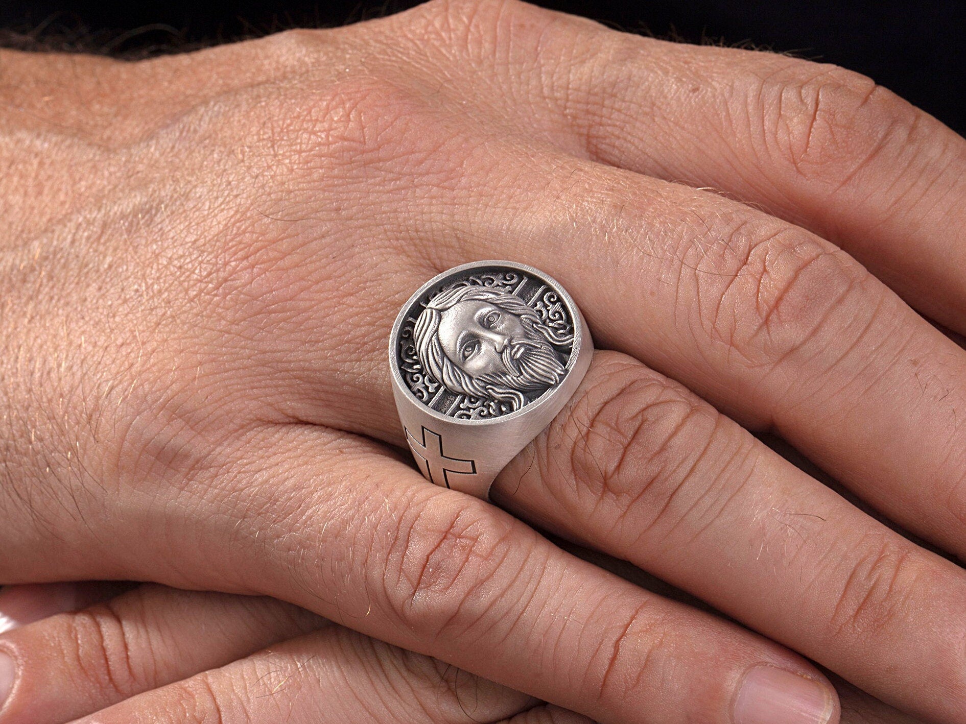 Sterling Silver Cross Ring, Crucifix Jesus Ring, Christ Jesus Face Ring, Men's Religious Rings, Fathers Gifts, Unique Gift For Father's Day