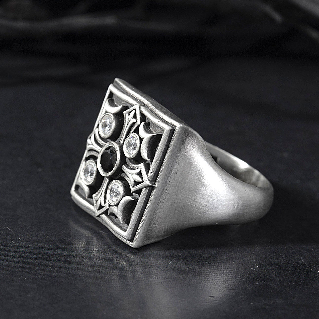Solid Silver Cross Ring, Men's Engagement Diamond Ring, Religious Man Jewelry, Black Diamond Wedding Men Band, Unique Gift For Father's Day