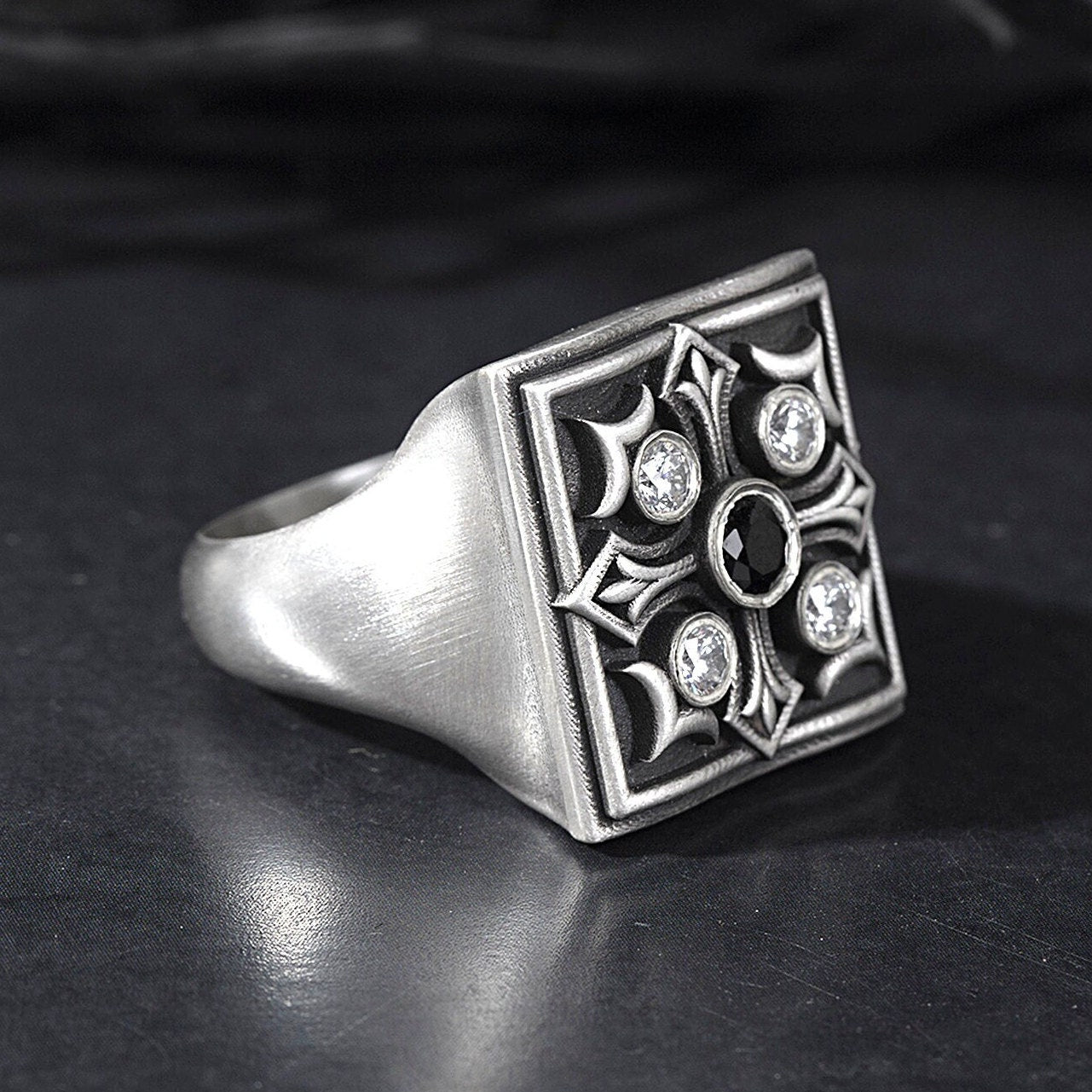 Solid Silver Cross Ring, Men's Engagement Diamond Ring, Religious Man Jewelry, Black Diamond Wedding Men Band, Unique Gift For Father's Day