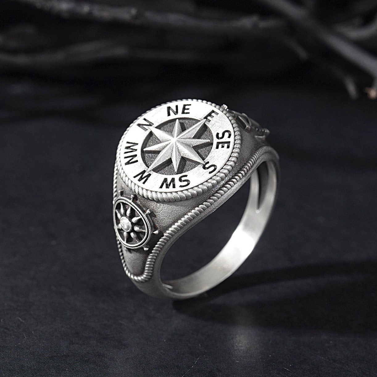 Silver Sailor Man's Compass Ring, Ship Wheel Ring, Anchor Ring, Nautical Compass Ring, Gift Rings for Sailors, Unique Gift For Father's Day