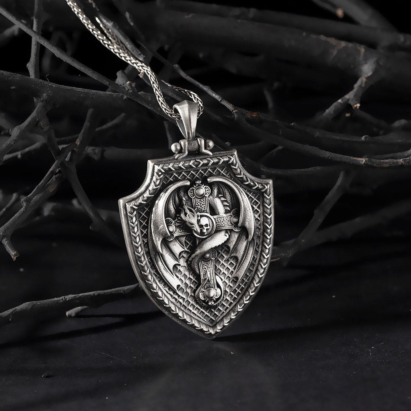 Sterling Silver Dragon Necklace, Dragon Pendant, Religious Necklaces, Gift For Husband, Cross Shield Necklace, Unique Gift For Father's Day