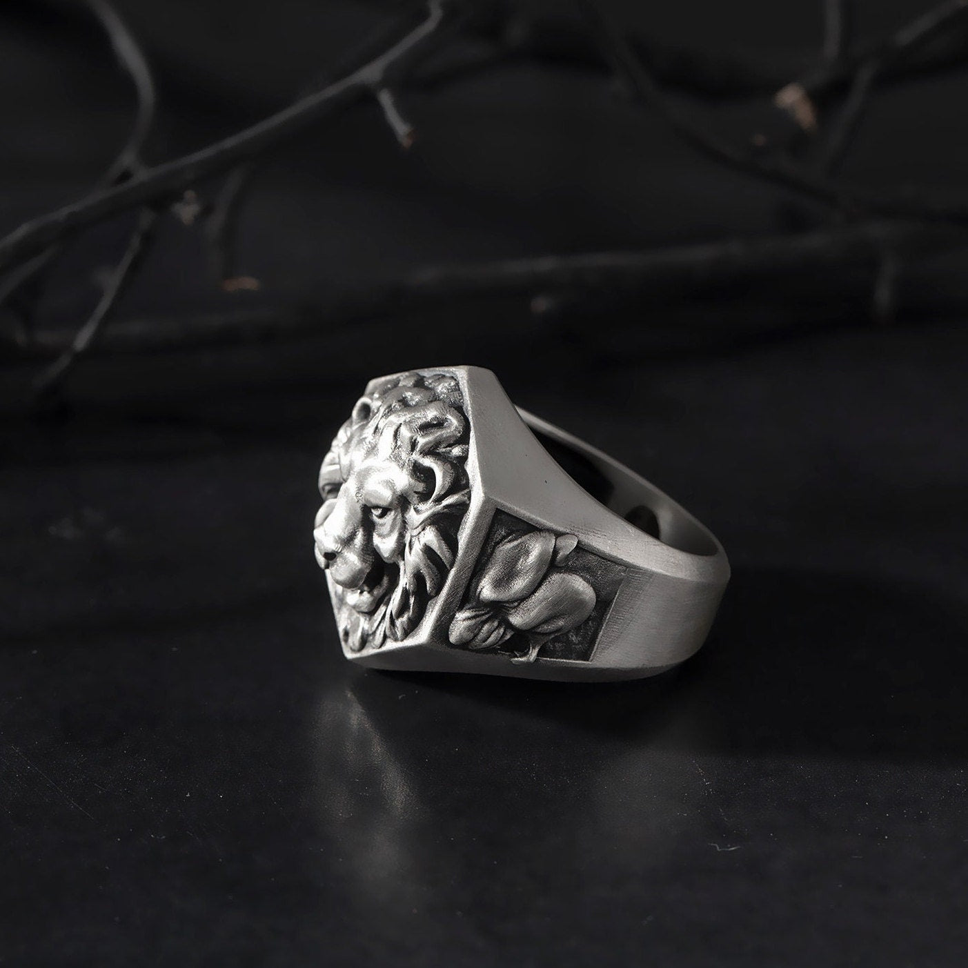Silver Lion Head Ring, Men's Unique Lion Ring, Oxidized Signet Ring, Gift For Fathers, Statement Animal Rings, Unique Gift For Father's Day
