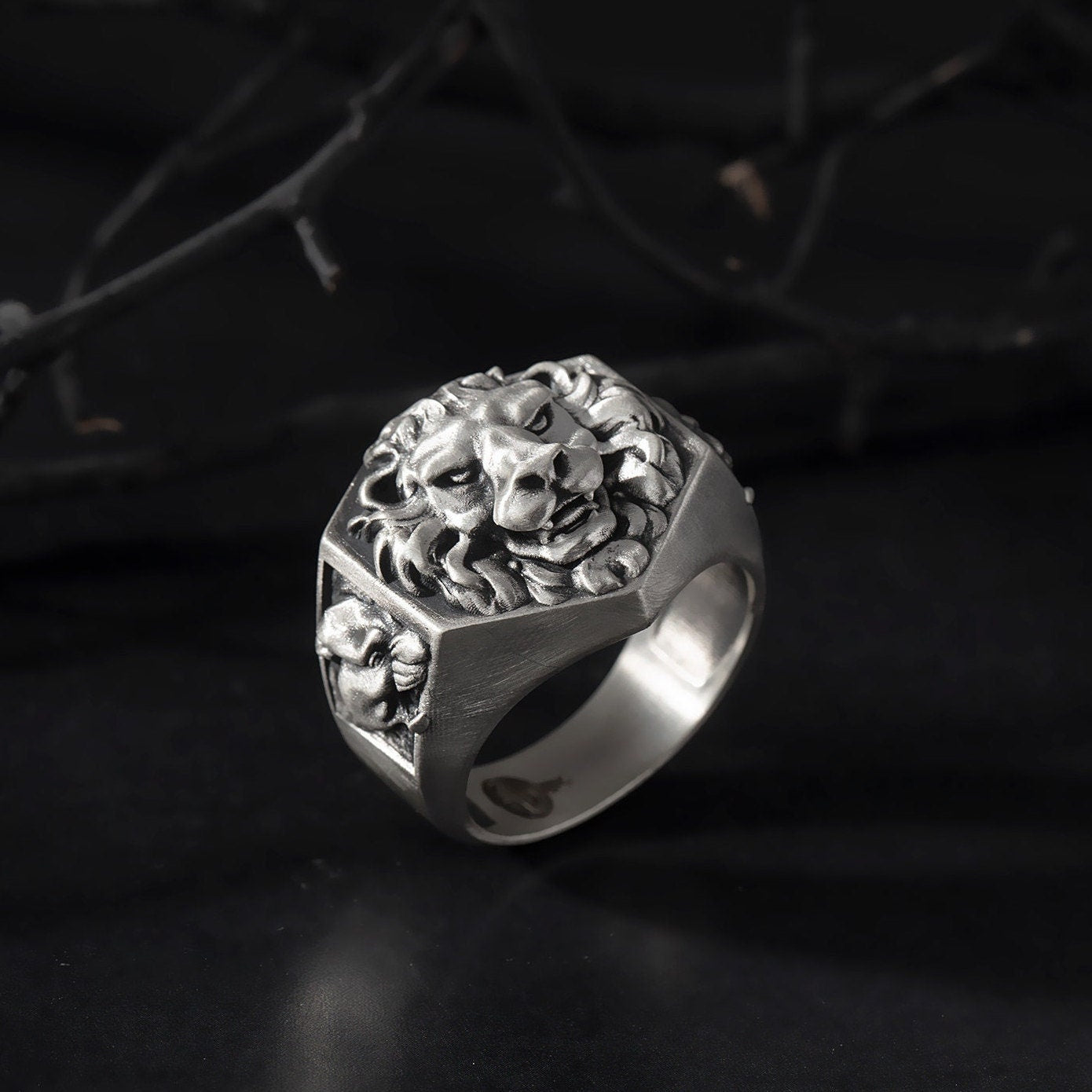 Silver Lion Head Ring, Men's Unique Lion Ring, Oxidized Signet Ring, Gift For Fathers, Statement Animal Rings, Unique Gift For Father's Day