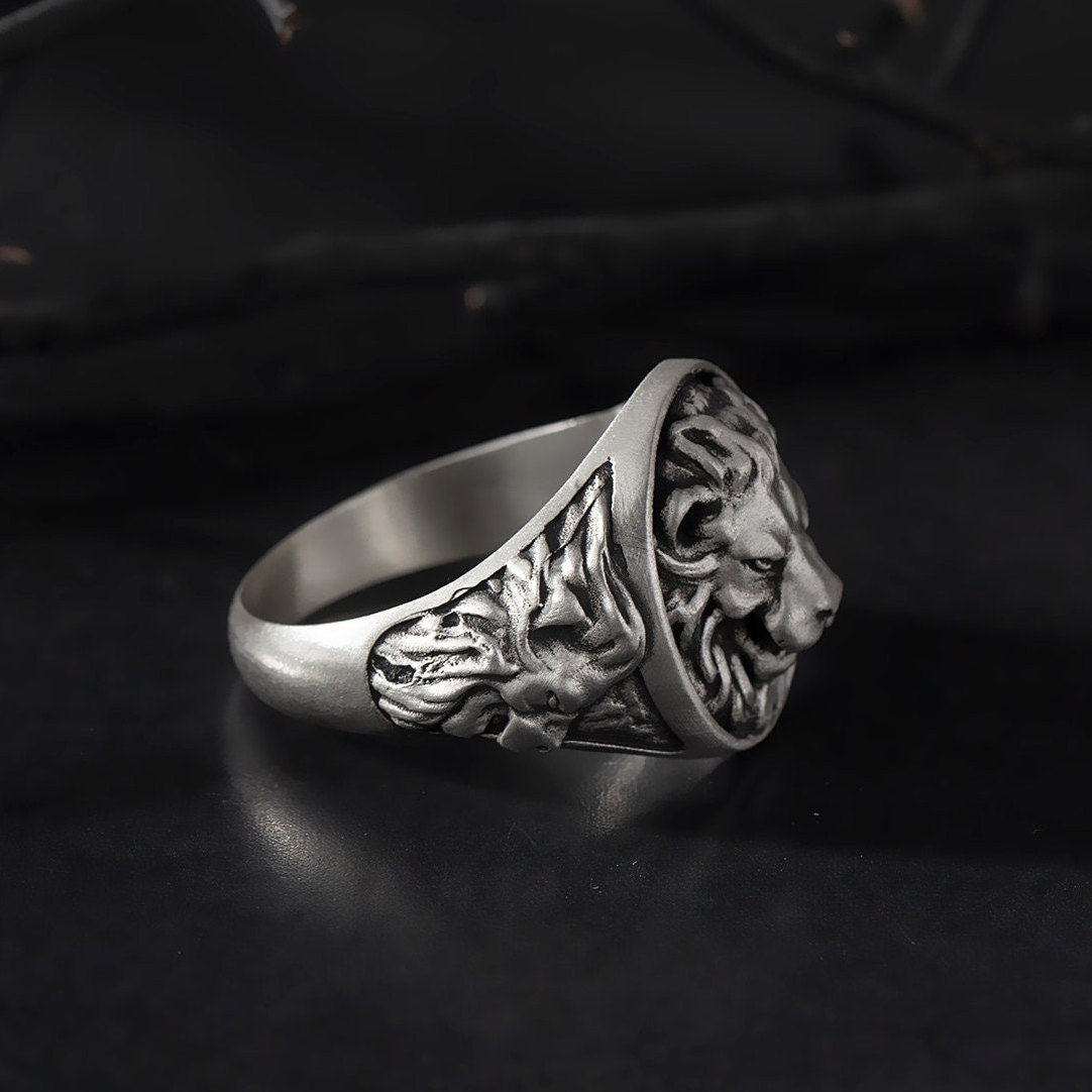 Silver Lion Signet Ring, Men's Signet Ring, Oxidized Lion Head Ring, Silver Gift For Men, Statement Lion Ring, Unique Gift For Father's Day