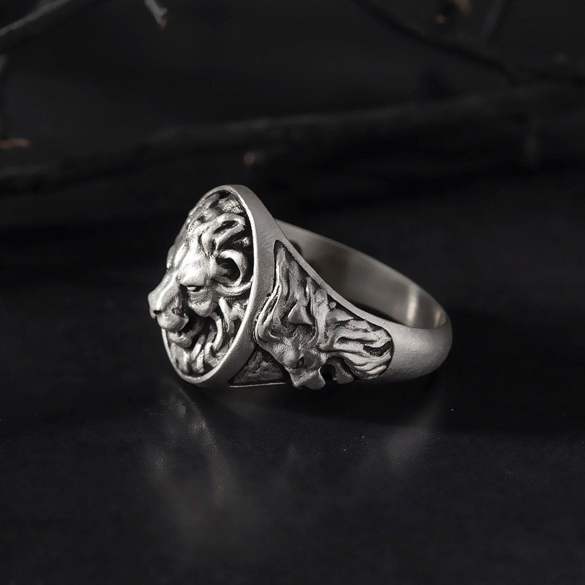Silver Lion Signet Ring, Men's Signet Ring, Oxidized Lion Head Ring, Silver Gift For Men, Statement Lion Ring, Unique Gift For Father's Day