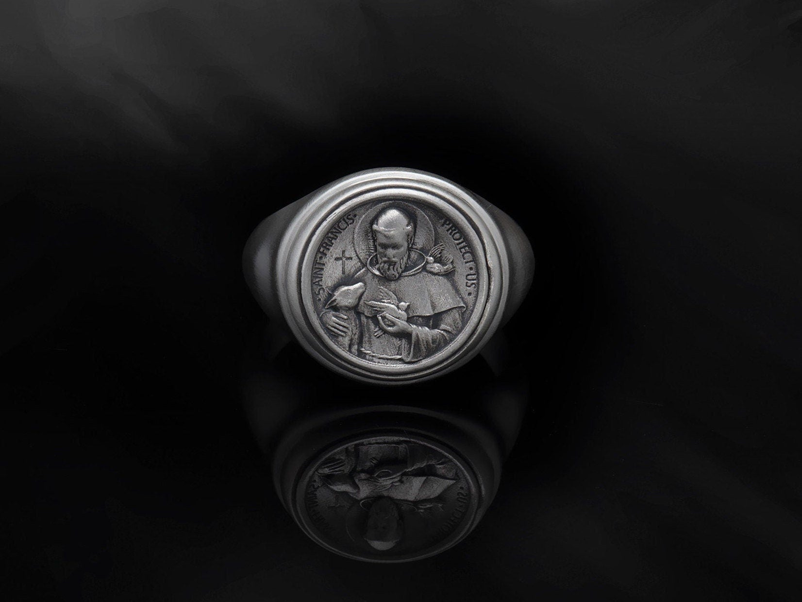 Sterling Silver Saint Francis Ring, Mens Religious Gifts, Statement Rings, St Francis Ring, Catholic Men Ring, Unique Gift For Father's Day