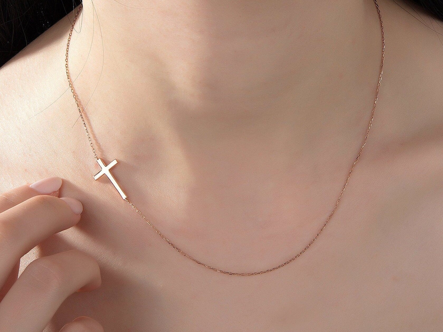 Silver Side Cross Necklace For Women, Birthday Gift For Mothers, 18K Gold Sideways Cross Necklace, Gift For Daughter, Gift For Mothers Day