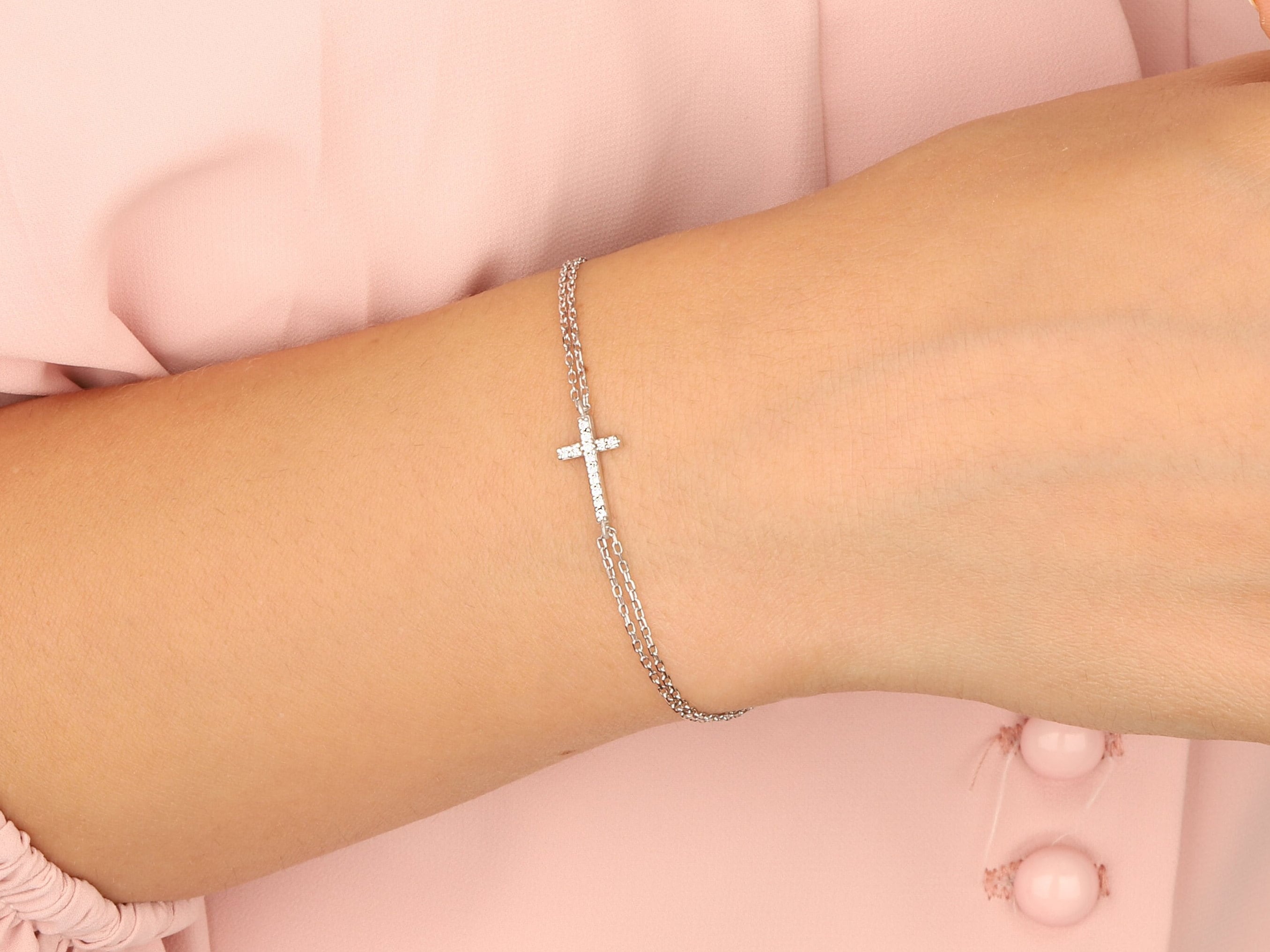 Silver Zircon Diamond Cross Bracelets, Birthday Gifts For Daughter, 14K Gold Cross Bracelet, Graduation Gift For Her, Gift For Mothers Day