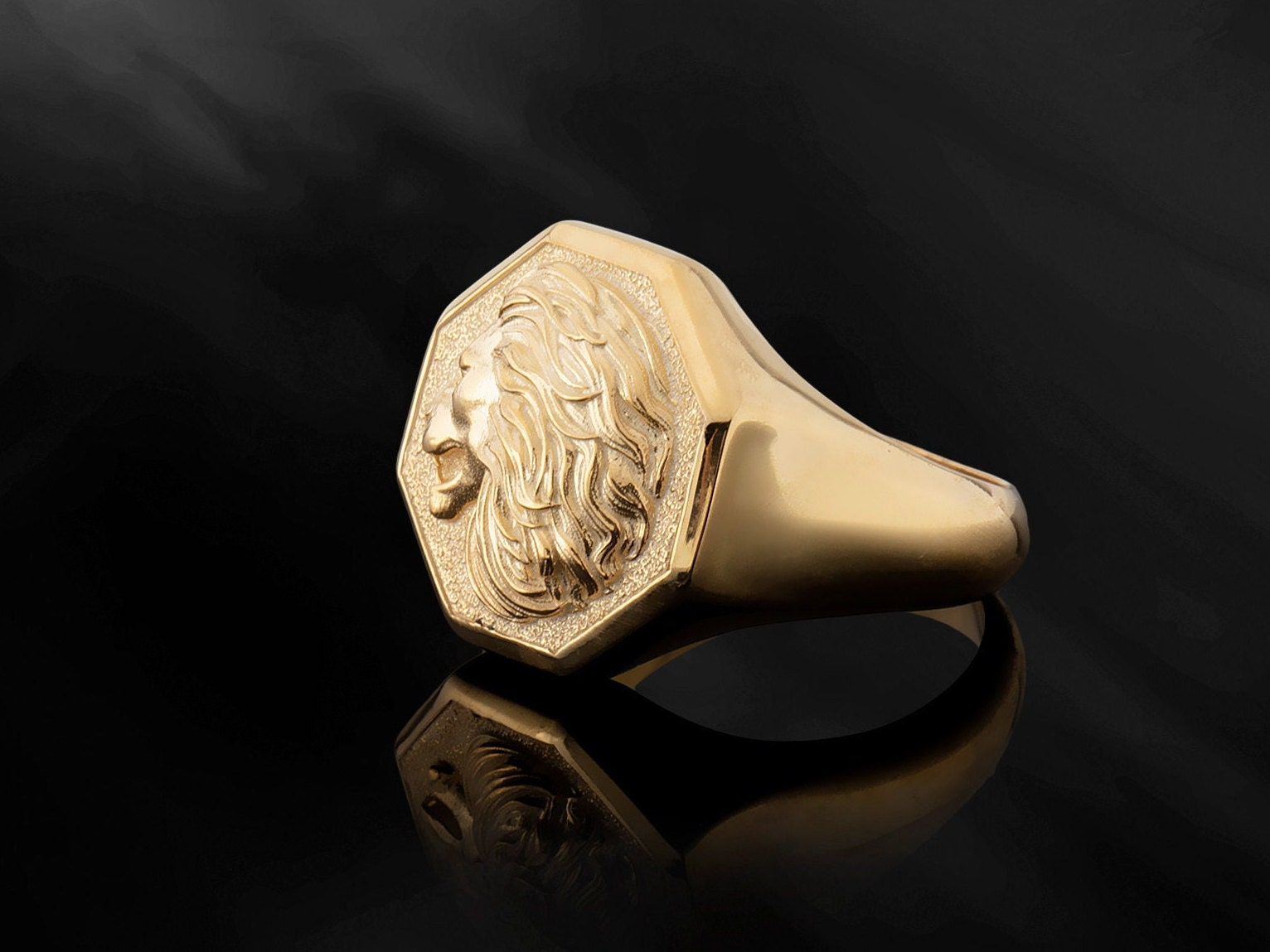 Solid Gold Lion Head Rings, 14K Gold Wild Lion Signet Ring, Gifts For Fathers, Animal Statement Rings For Men, Unique Gift For Father's Day