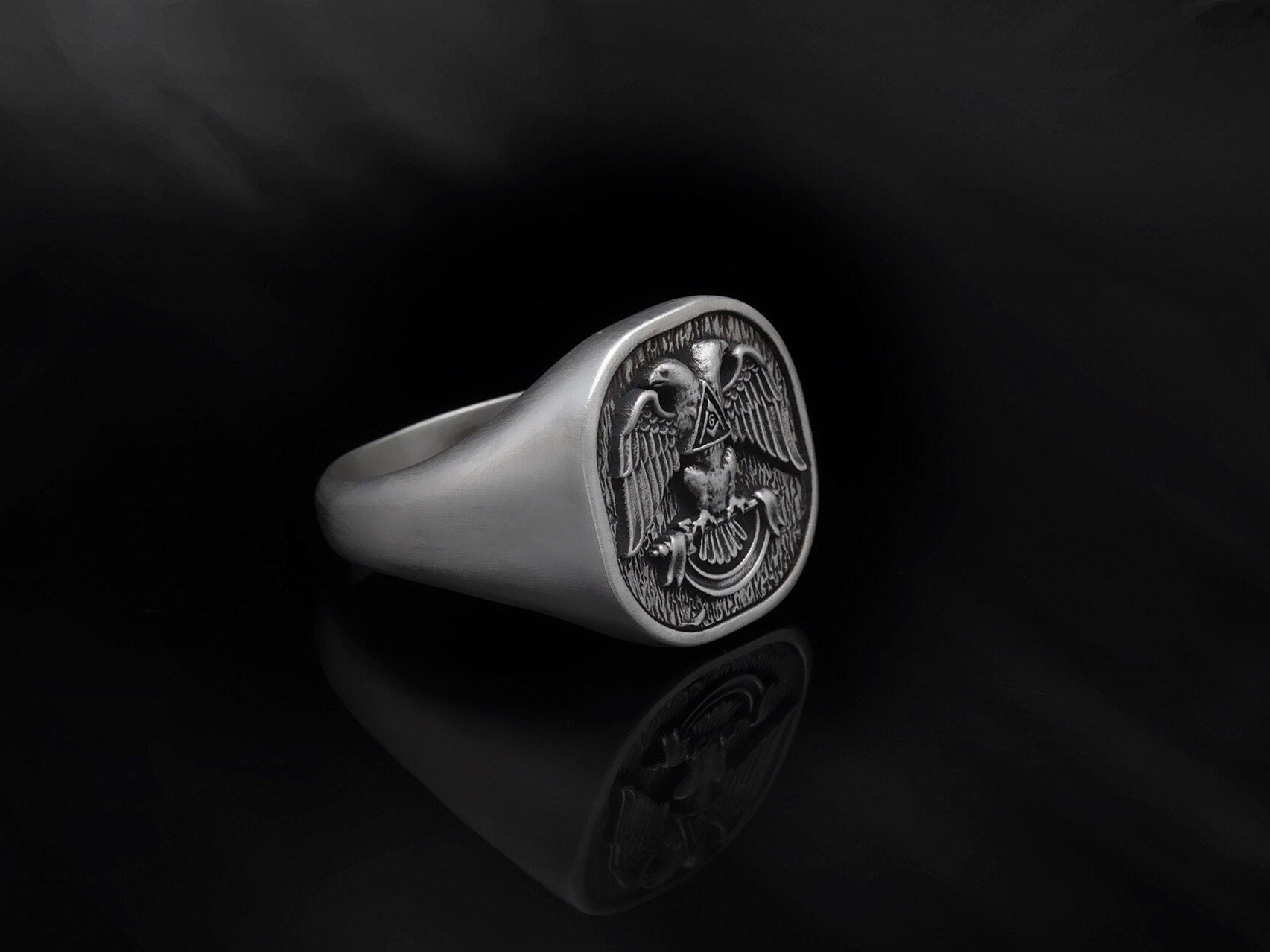 Silver Signet Masonic Rings, Freemason Statement Rings, Master Mason Rings, Double Headed Masonic Eagle Ring, Unique Gift For Father's Day