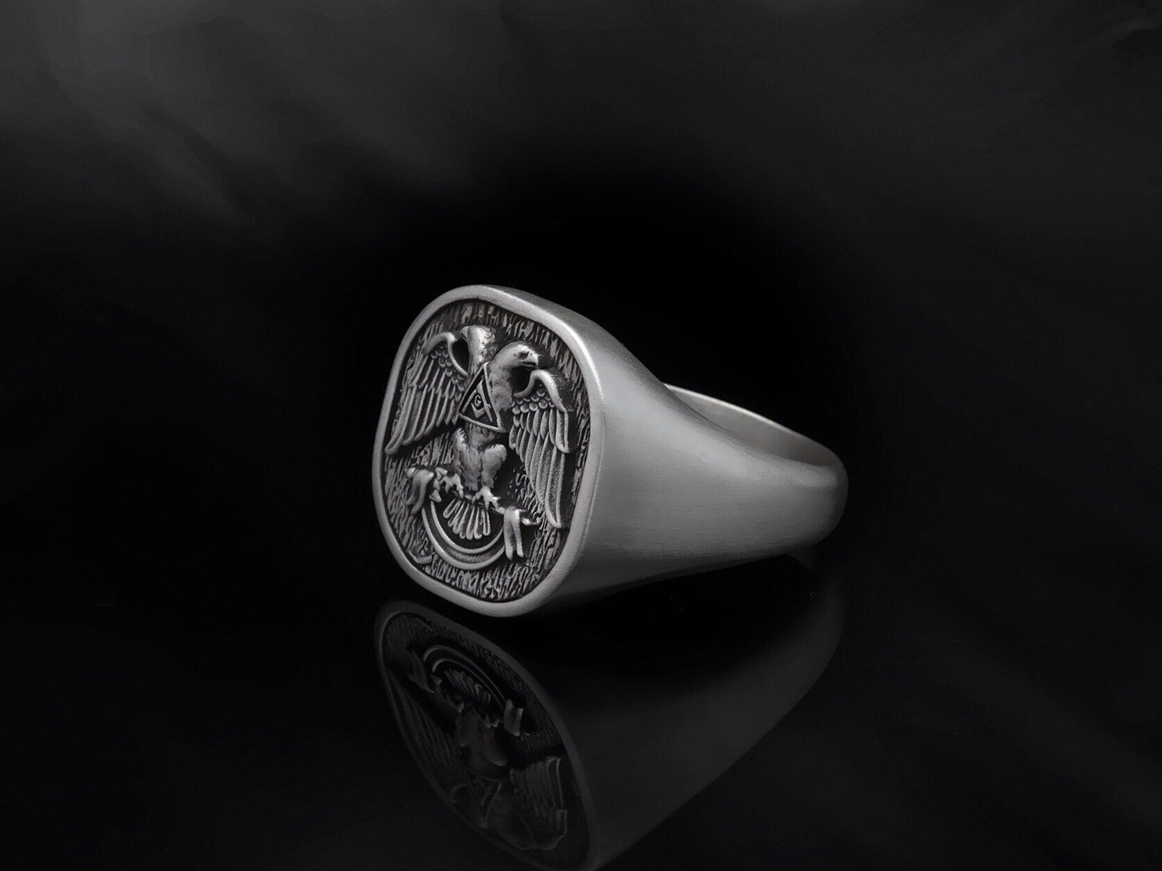Silver Signet Masonic Rings, Freemason Statement Rings, Master Mason Rings, Double Headed Masonic Eagle Ring, Unique Gift For Father's Day
