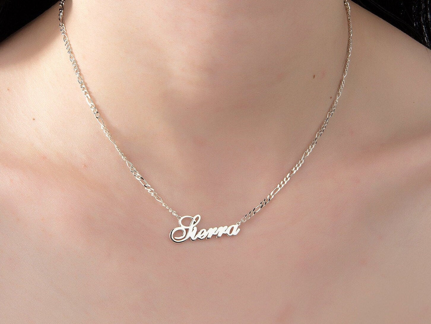 Silver Name Necklace With Figaro Chain, Gifts For Mothers, 14K Gold Custom Name Necklace, Birthday Gifts For Grandma, Gift For Mothers Day