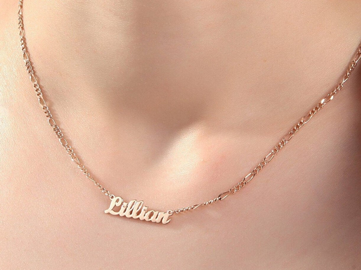 Silver Name Plate With Figaro Chain, Moms Gift, 14K Gold Custom Name Necklaces, Gifts For Mother, Personalized Gifts, Gift For Mothers Day