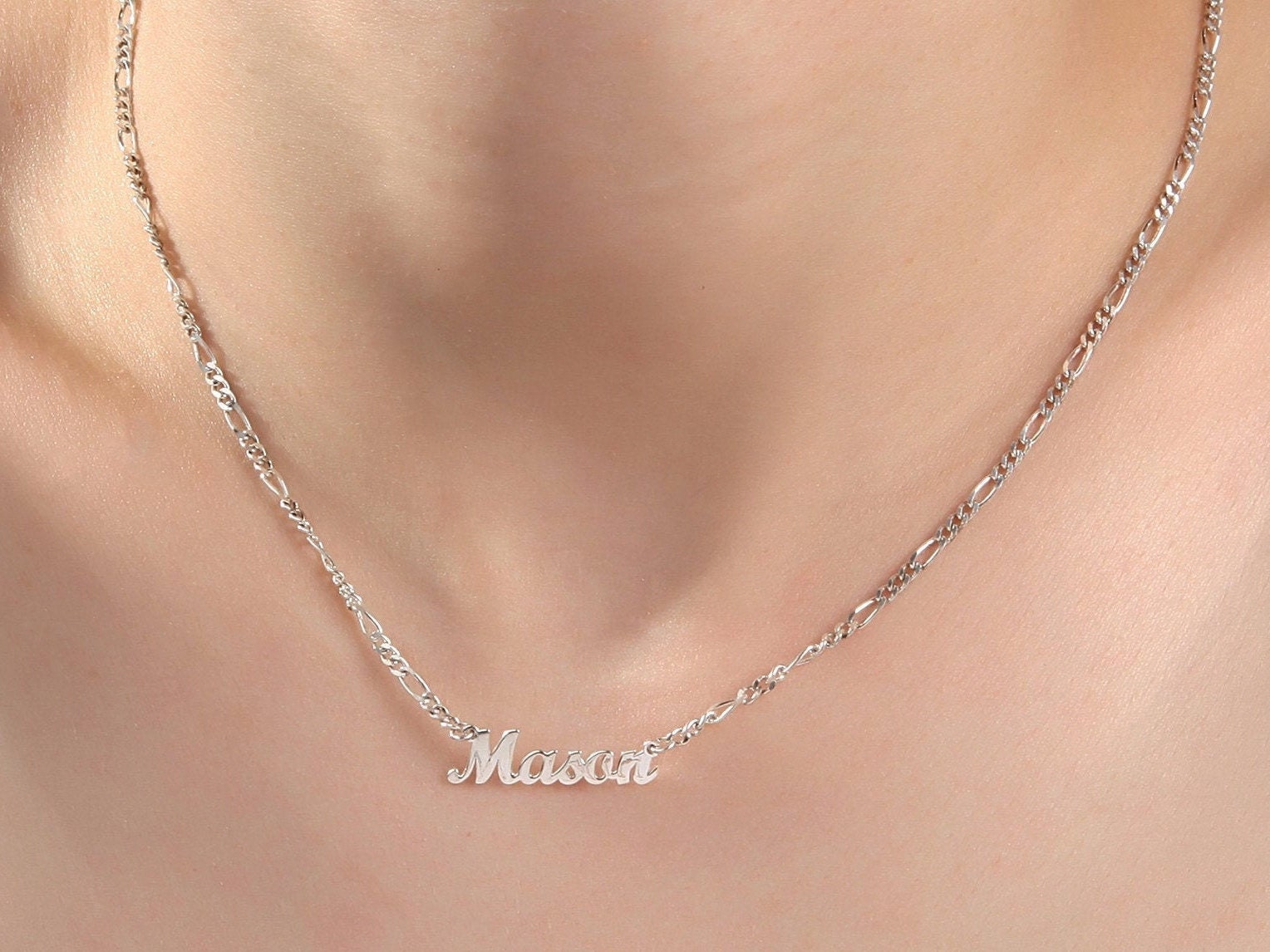 Silver Name Plate With Figaro Chain, Moms Gift, 14K Gold Custom Name Necklaces, Gifts For Mother, Personalized Gifts, Gift For Mothers Day