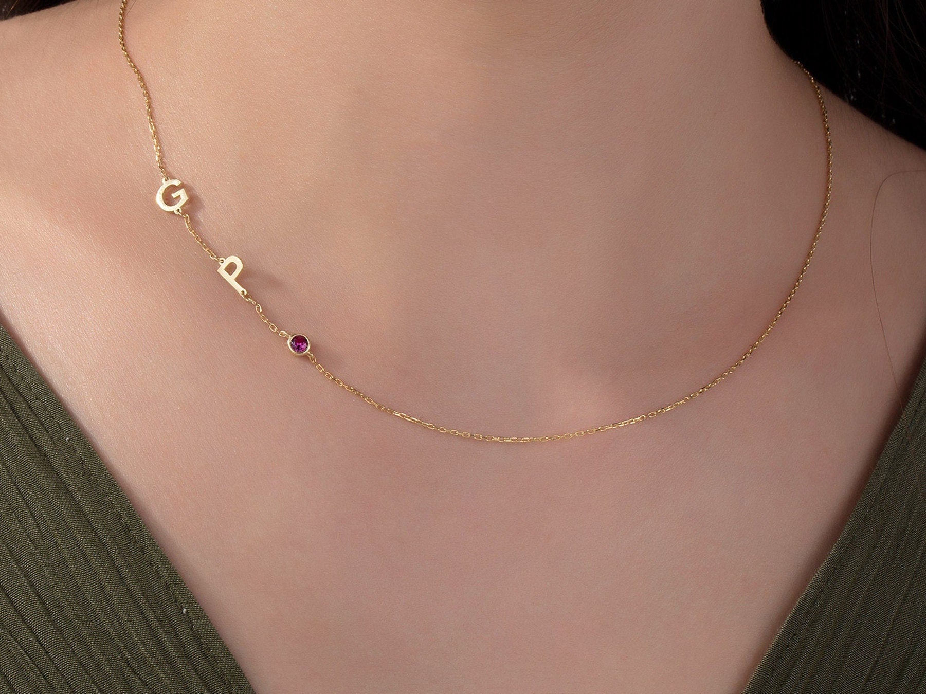 Silver Sideways Birthstone Letter Necklaces, Moms Gift, 14K Gold Name Initial Necklace, Personalized Gifts For Mothers, Gift For Mothers Day