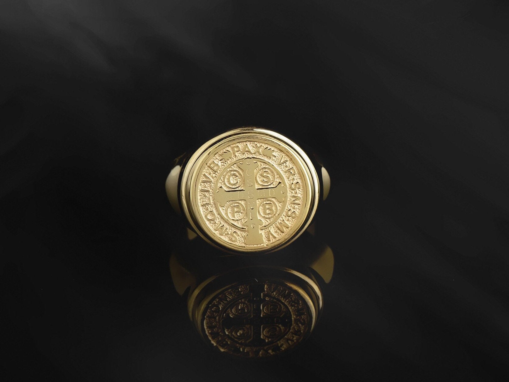 Solid Gold St Benedict Medal Ring, Religious Men's Jewelry, 14K Gold Saint Benedict Rings, Catholic Man Gifts, Unique Gift For Father's Day