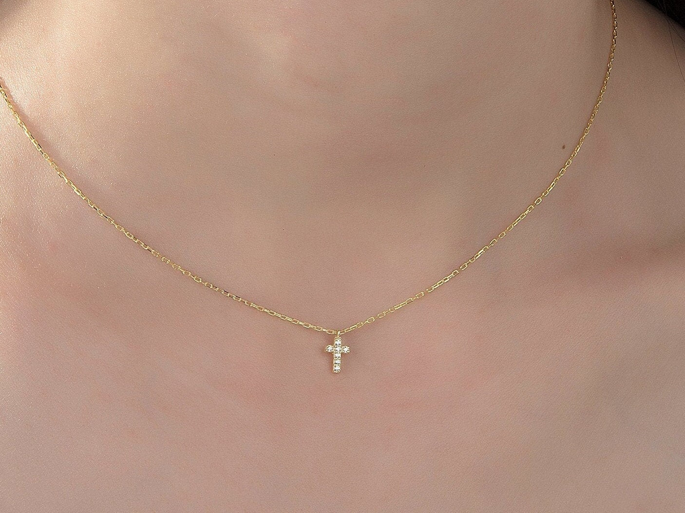 Zircon Diamond Cross Necklace For Women, Gift For Mothers, 14K Gold Cross Necklace, Birthday Gift, Religious Jewelry, Gift For Mothers Day