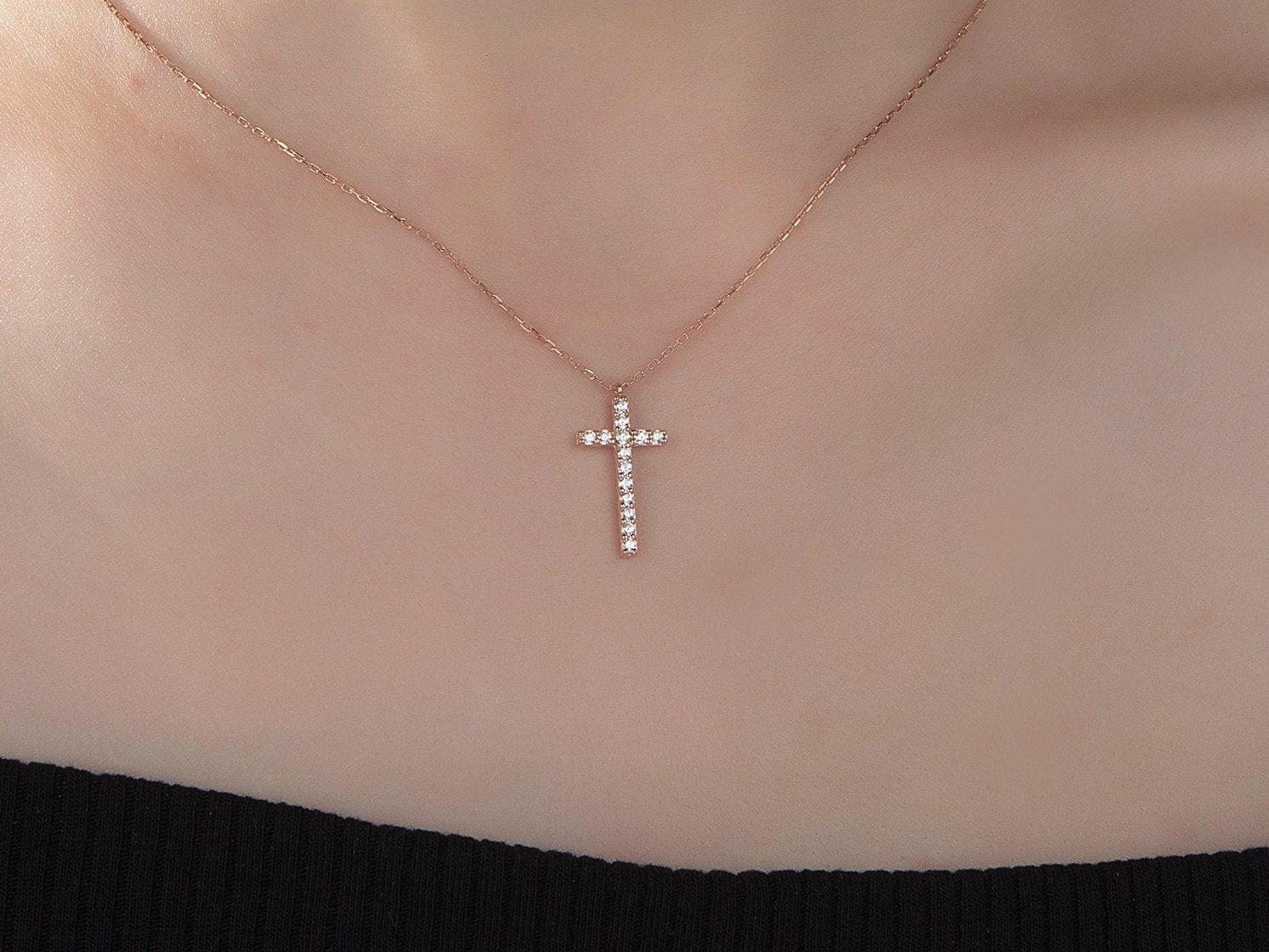 Zircon Diamond Cross Necklace For Women, Gift For Mothers, 14K Gold Cross Necklace, Birthday Gift, Religious Jewelry, Gift For Mothers Day