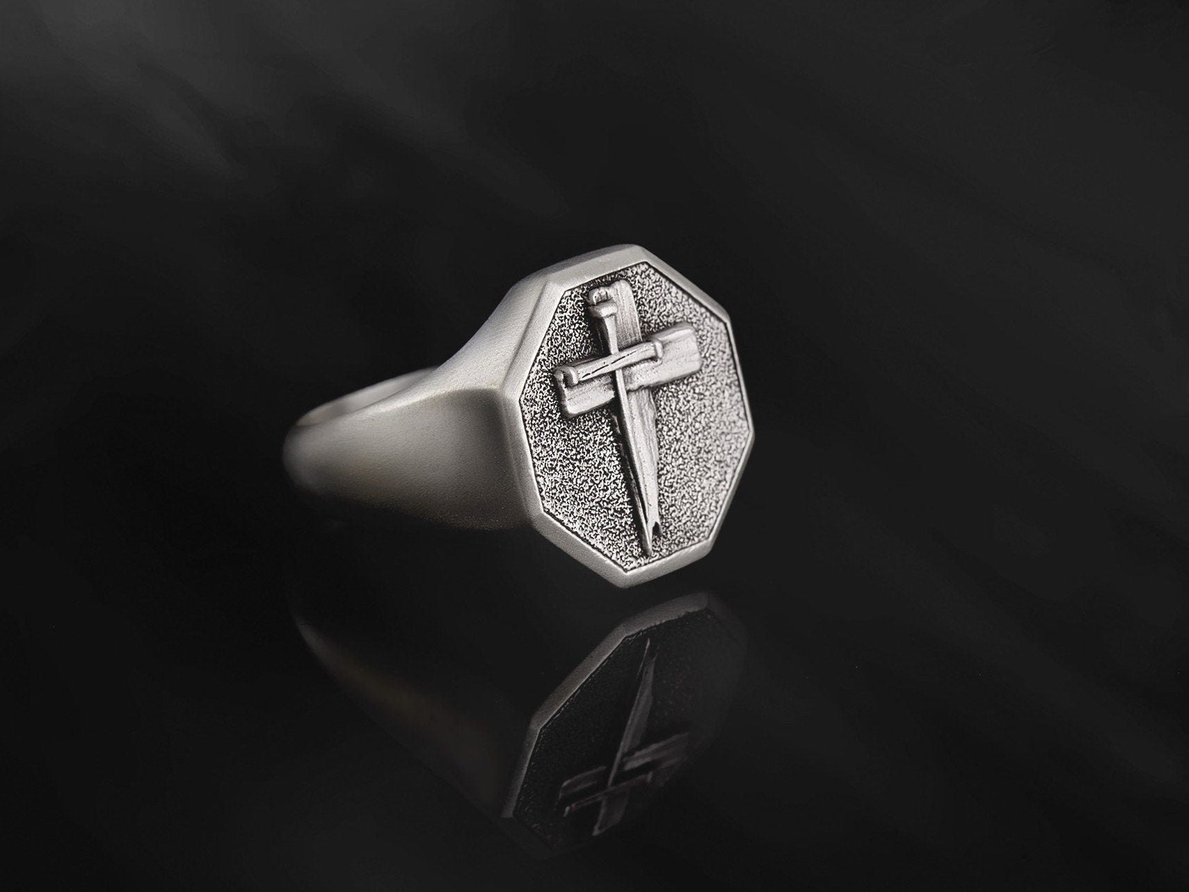 Sterling Silver Jesus Crucifix Rings, Religious Man Jewelry, Signet Christian Cross Rings, Unique Cross Bands, Unique Gift For Father's Day
