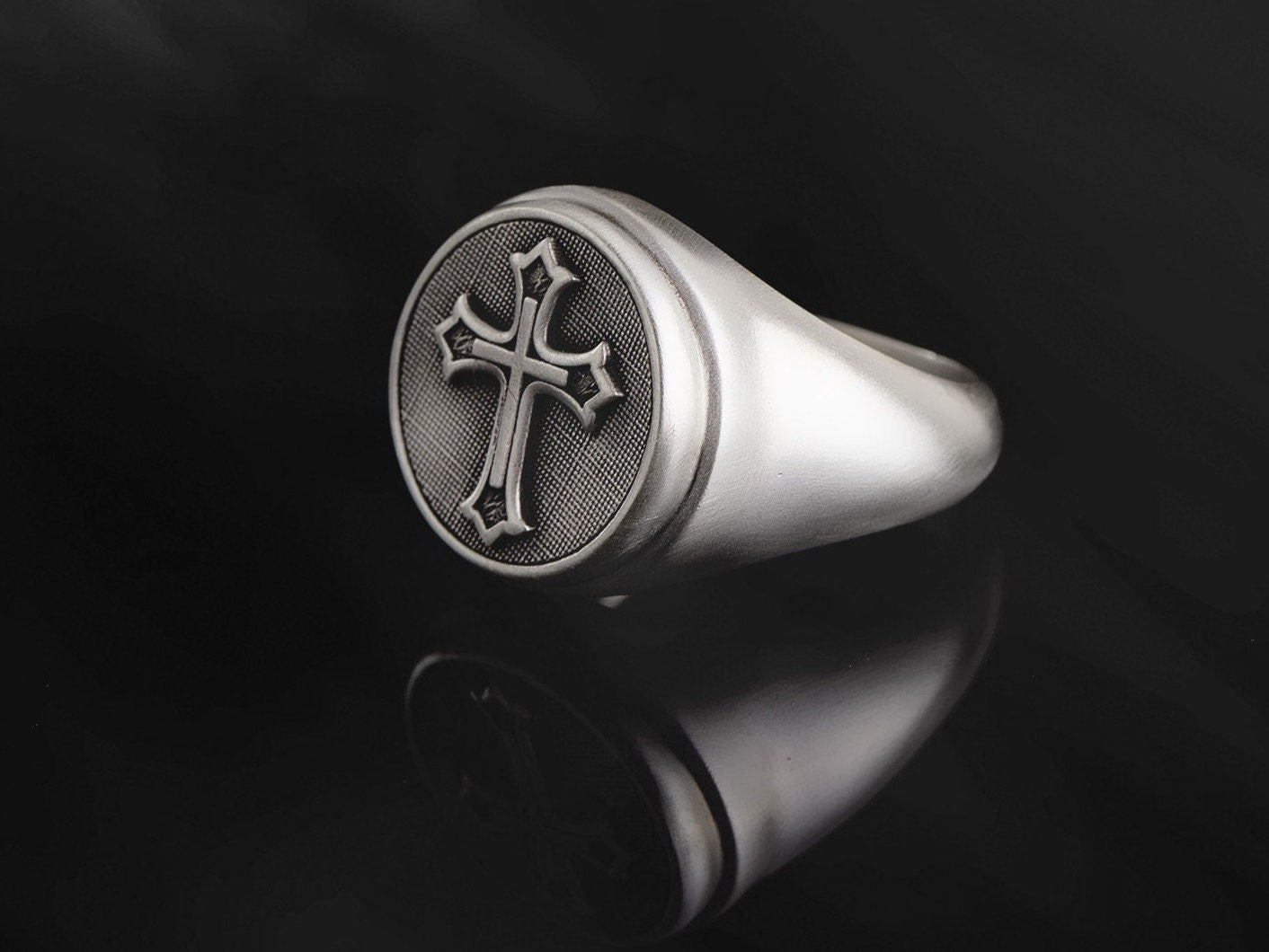 Sterling Silver Cross Medal Ring, Crucifix Signet Man Rings, Religious Gift For Dad, Cross Statement Man Ring, Unique Gift For Father's Day