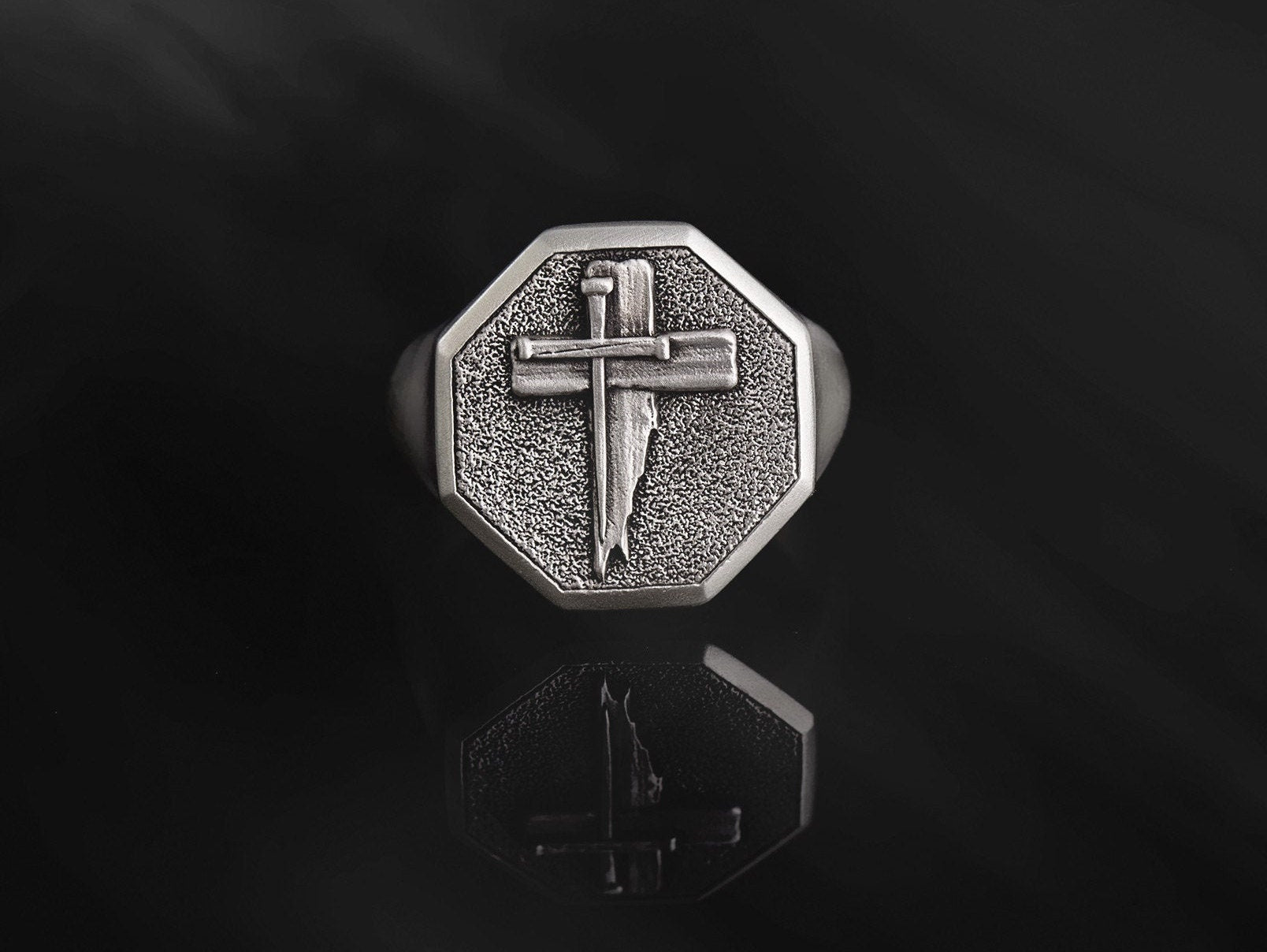 Sterling Silver Jesus Crucifix Rings, Religious Man Jewelry, Signet Christian Cross Rings, Unique Cross Bands, Unique Gift For Father's Day