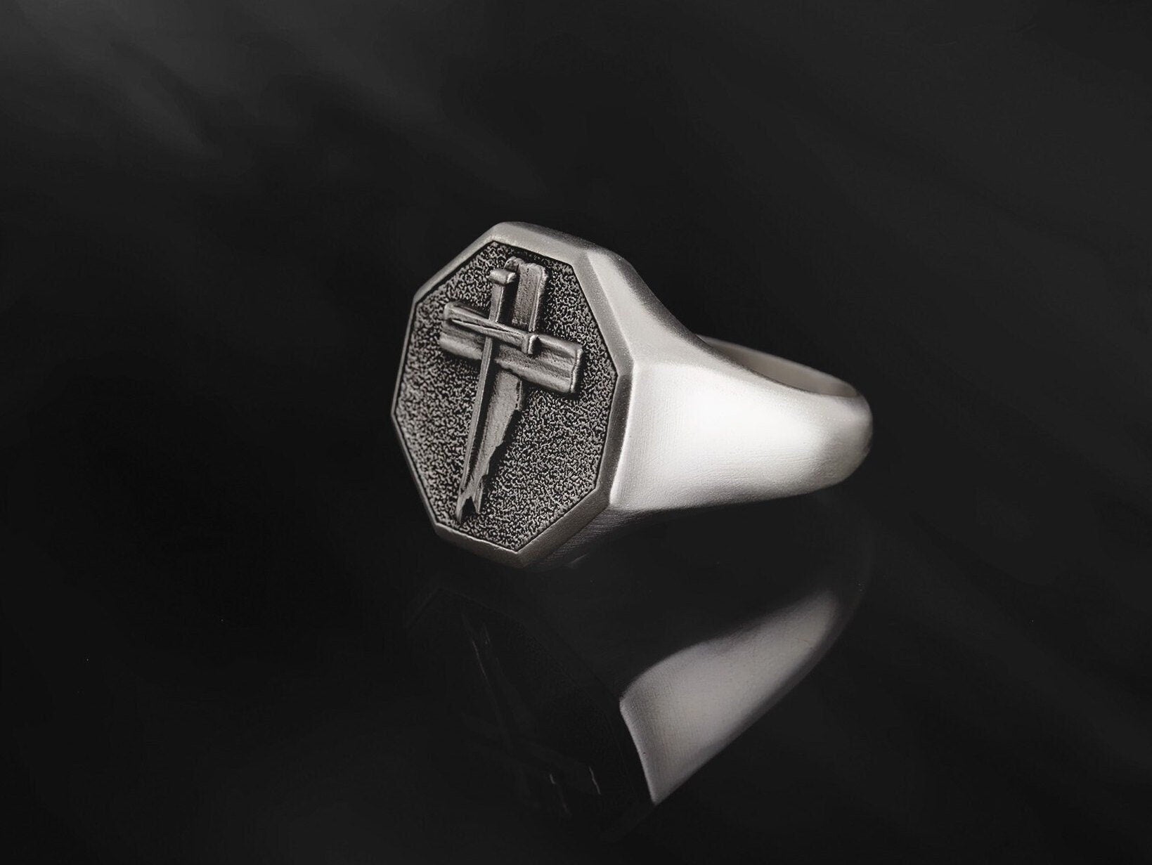 Sterling Silver Jesus Crucifix Rings, Religious Man Jewelry, Signet Christian Cross Rings, Unique Cross Bands, Unique Gift For Father's Day