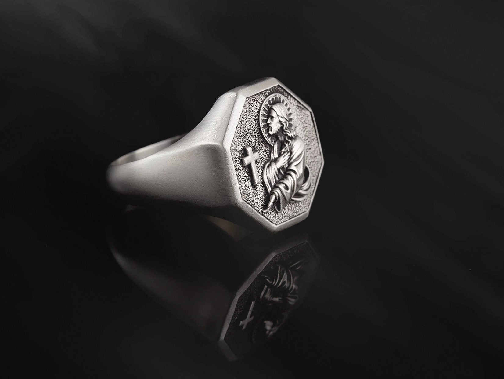 Oxidized Silver Jesus Christ Praying Ring, Savior Messiah Cross Rings, Unique Crucifix Ring For Religious Men, Unique Gift For Father's Day