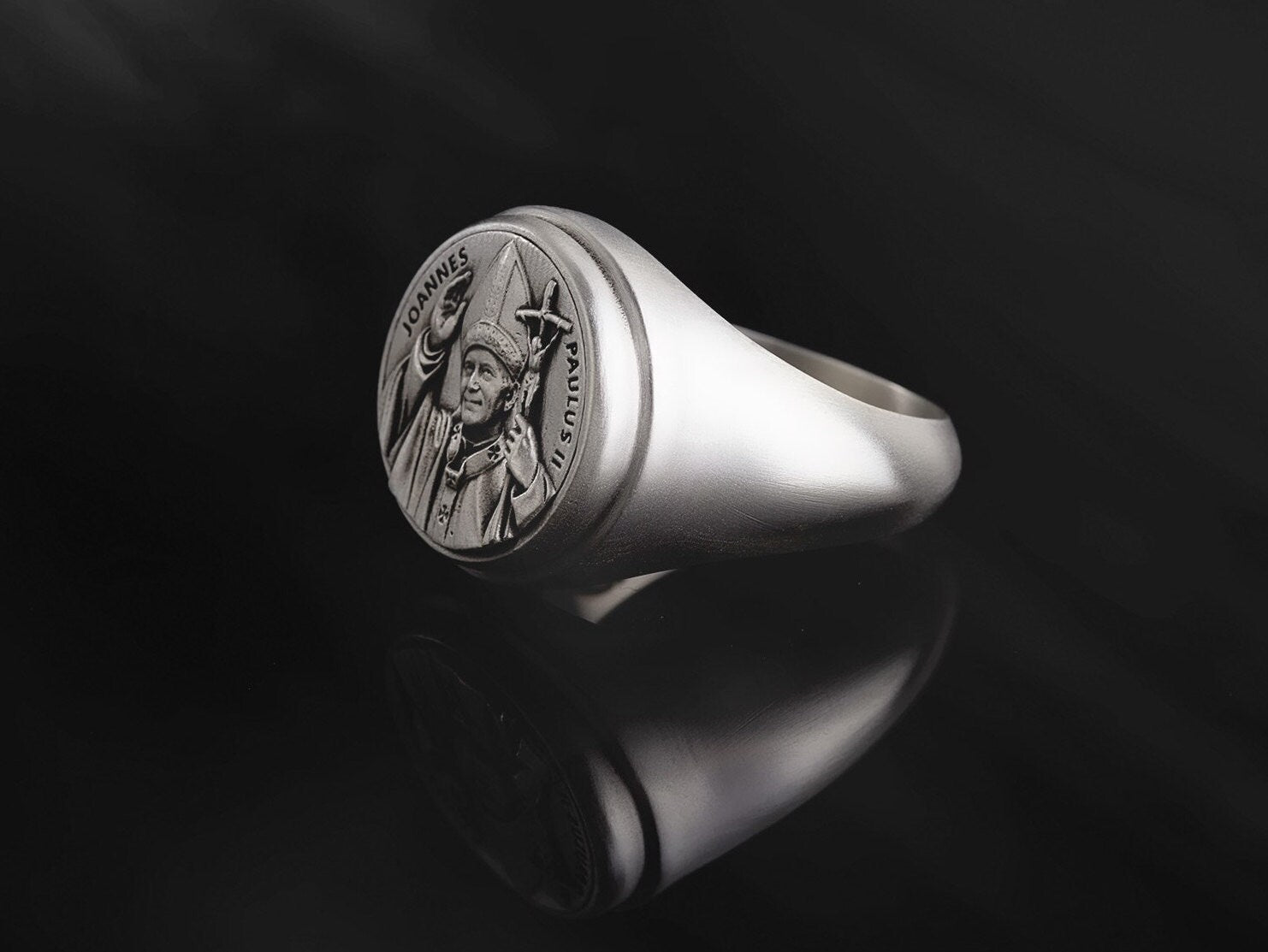 Solid Silver St Joannes Paulus Medal Ring, Religious Catholic Men Jewelry, Pope Joannes Paulus Statement Ring, Unique Gift For Father's Day