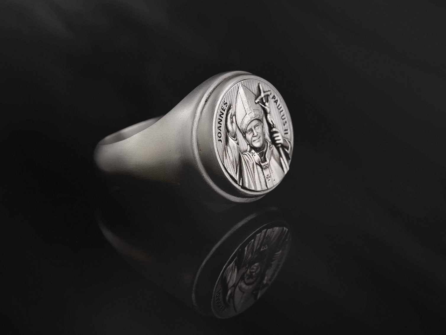 Solid Silver St Joannes Paulus Medal Ring, Religious Catholic Men Jewelry, Pope Joannes Paulus Statement Ring, Unique Gift For Father's Day