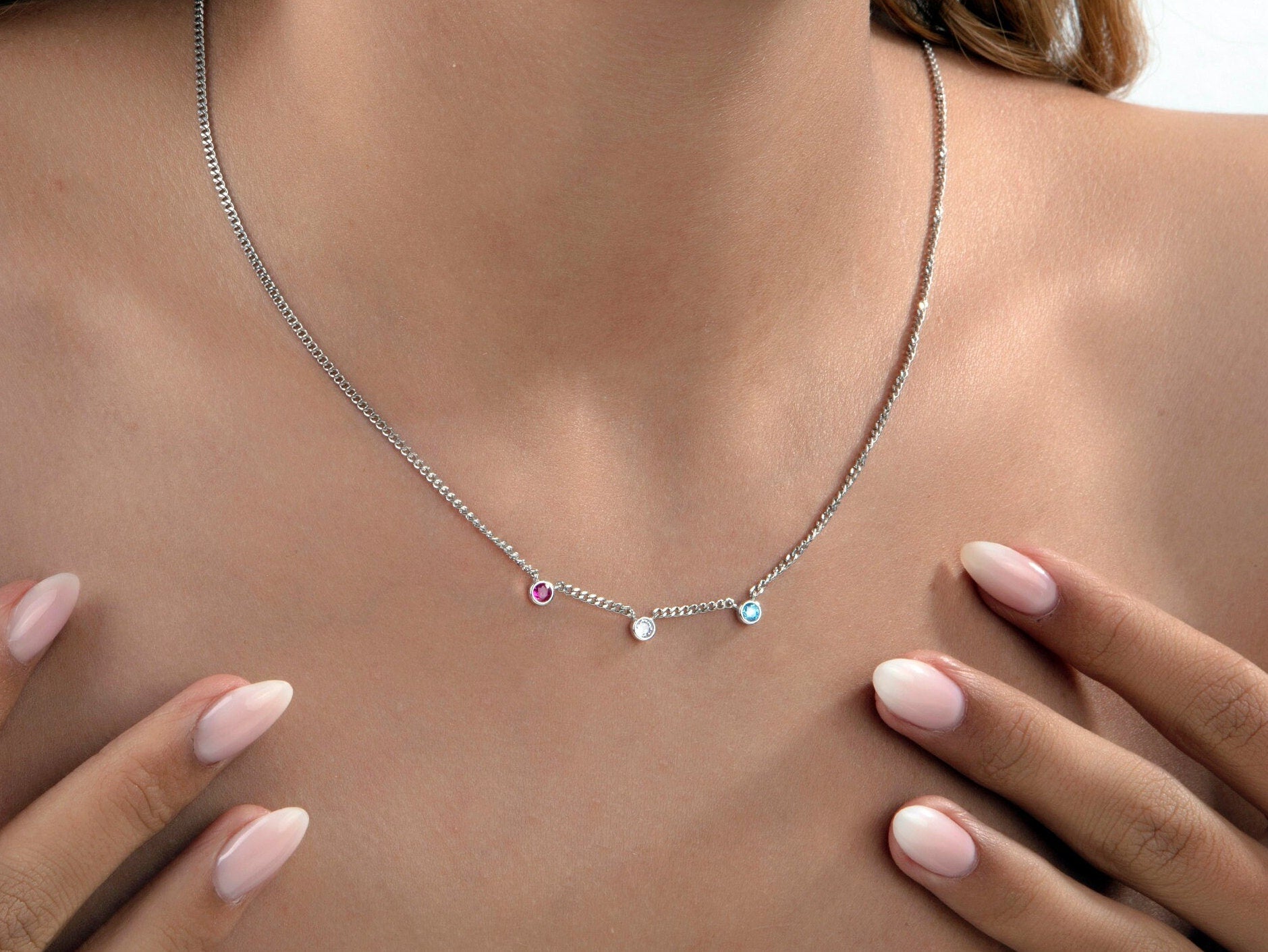 Spaced Birthstone Cuban Chain Necklaces, Custom Gift, Birthday Gifts, 14K Gold Birthstone Necklace, Gift For Mothers, Gift For Mothers Day